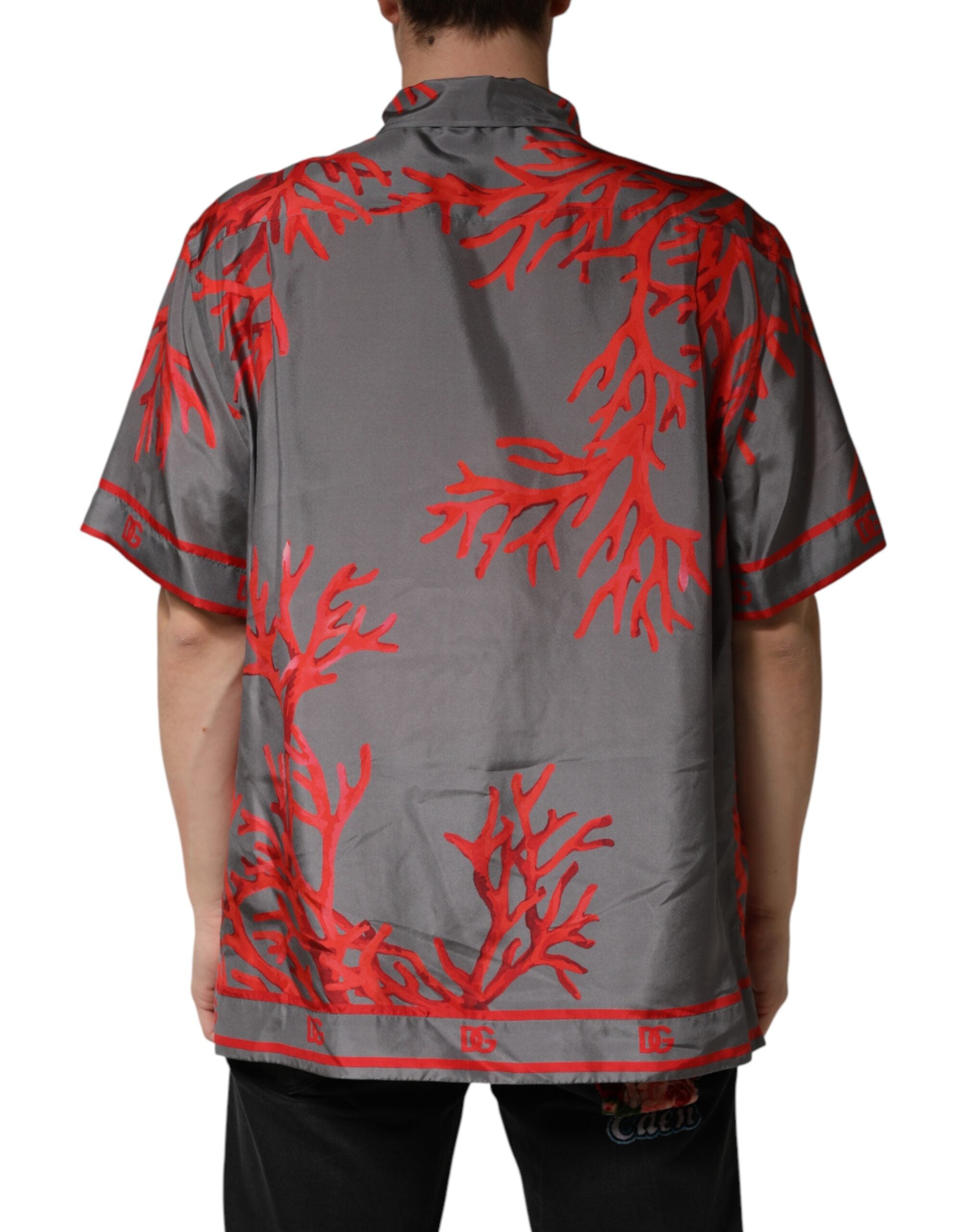 Dolce & Gabbana Gray Red Corals Short Sleeves Casual Shirt