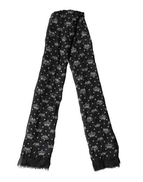 Dolce & Gabbana Black Wool Crown Print Fringe Neck Wrap 180cm x 65cm Scarf