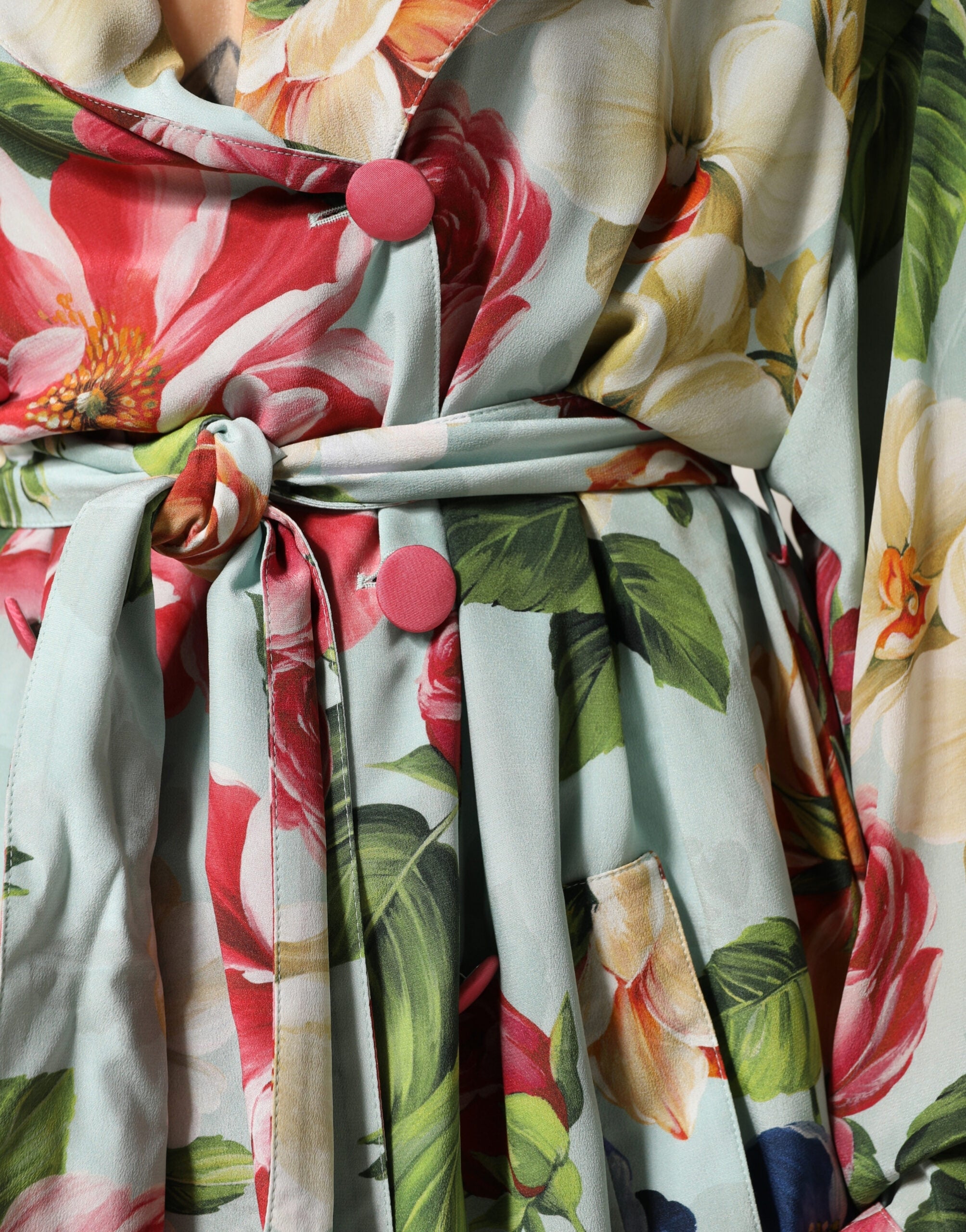 Dolce & Gabbana Green Floral Silk Wrap Midi Long Sleeve Dress