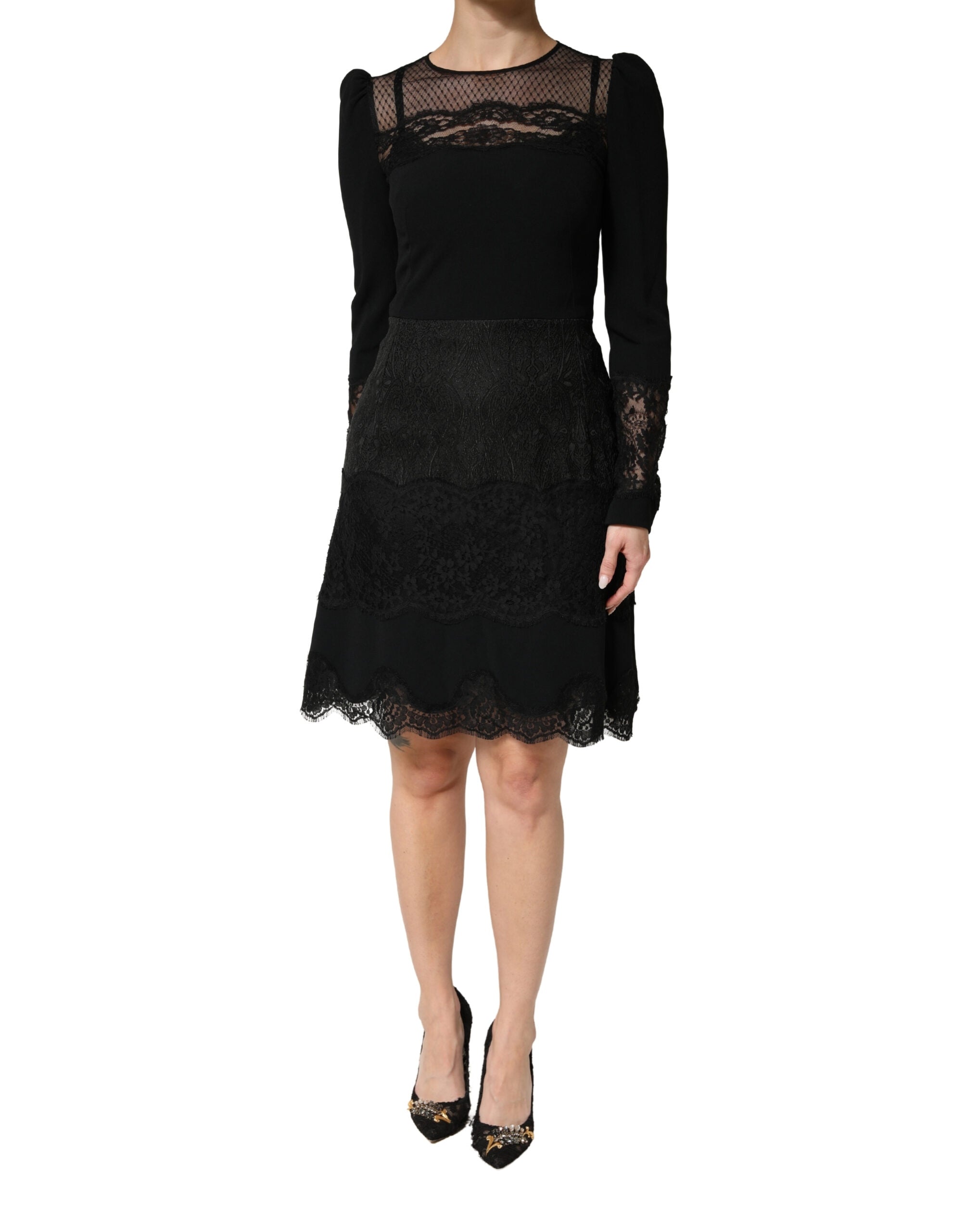 Dolce & Gabbana Black Lace Sheer Panel Midi Long Sleeve  Dress