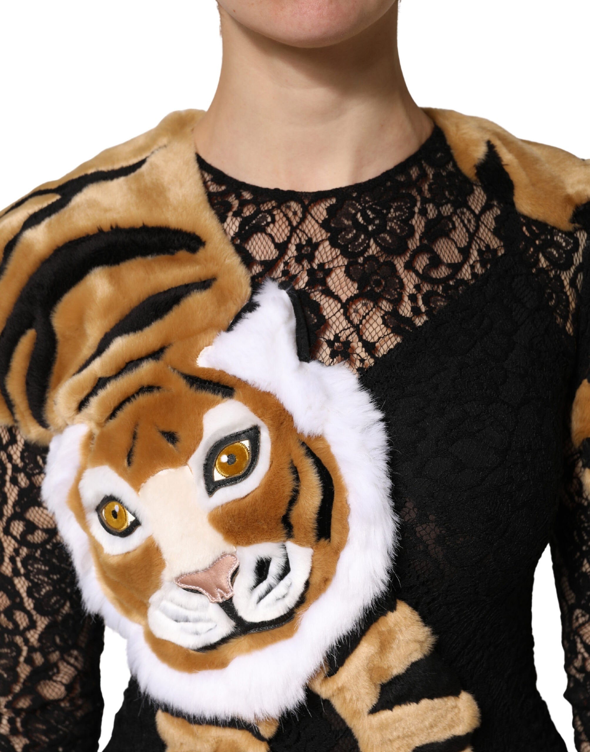 Dolce & Gabbana Black Lace Faux Fur Tiger Appliqué Sheath Dress