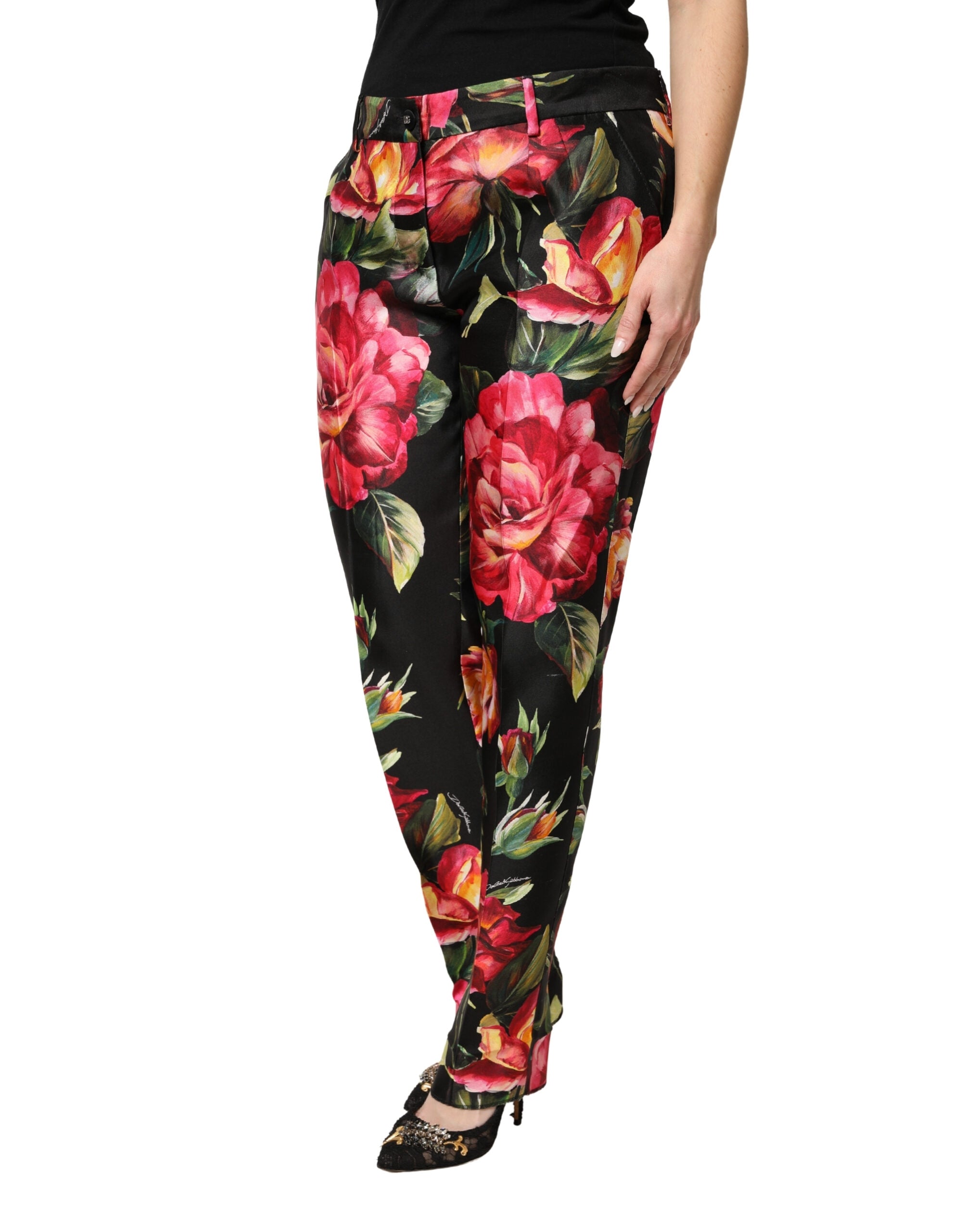 Dolce & Gabbana Black Floral Silk Mid Waist Tailored Trousers Pants
