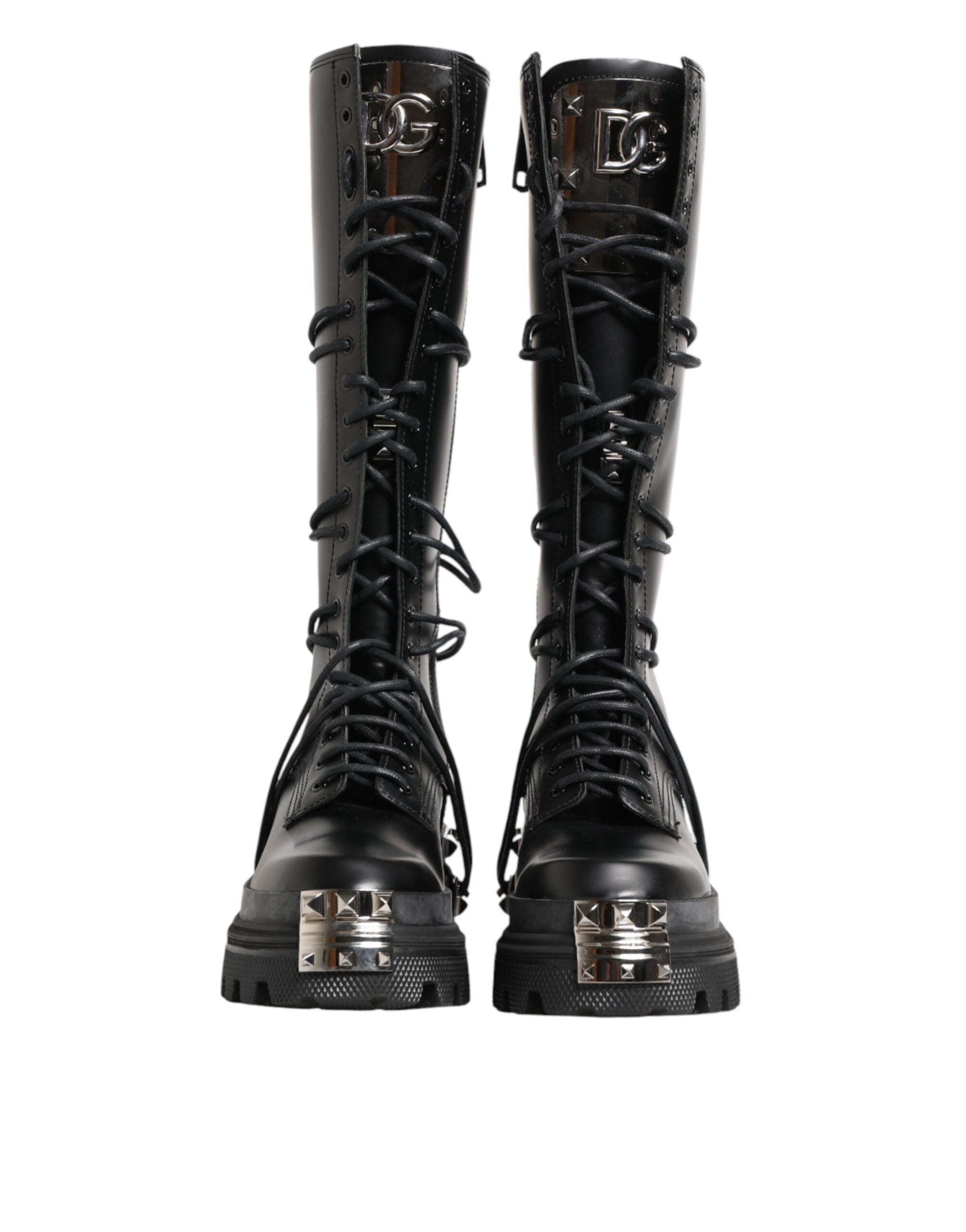Dolce & Gabbana Black Leather Knee High Combat Boots Shoes