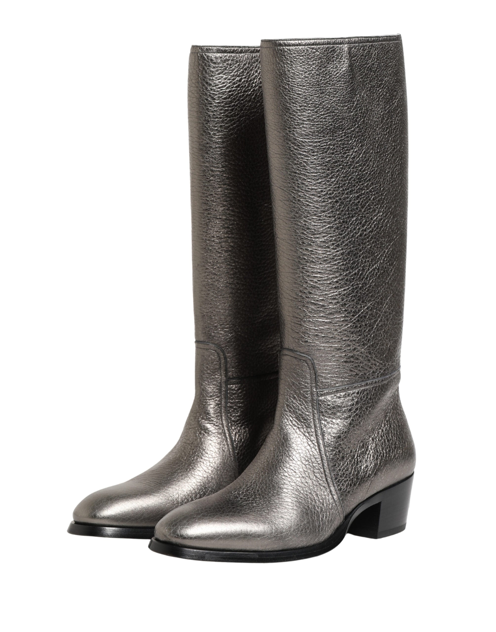 Dolce & Gabbana Metallic Silver Leather Knee High Boots Shoes