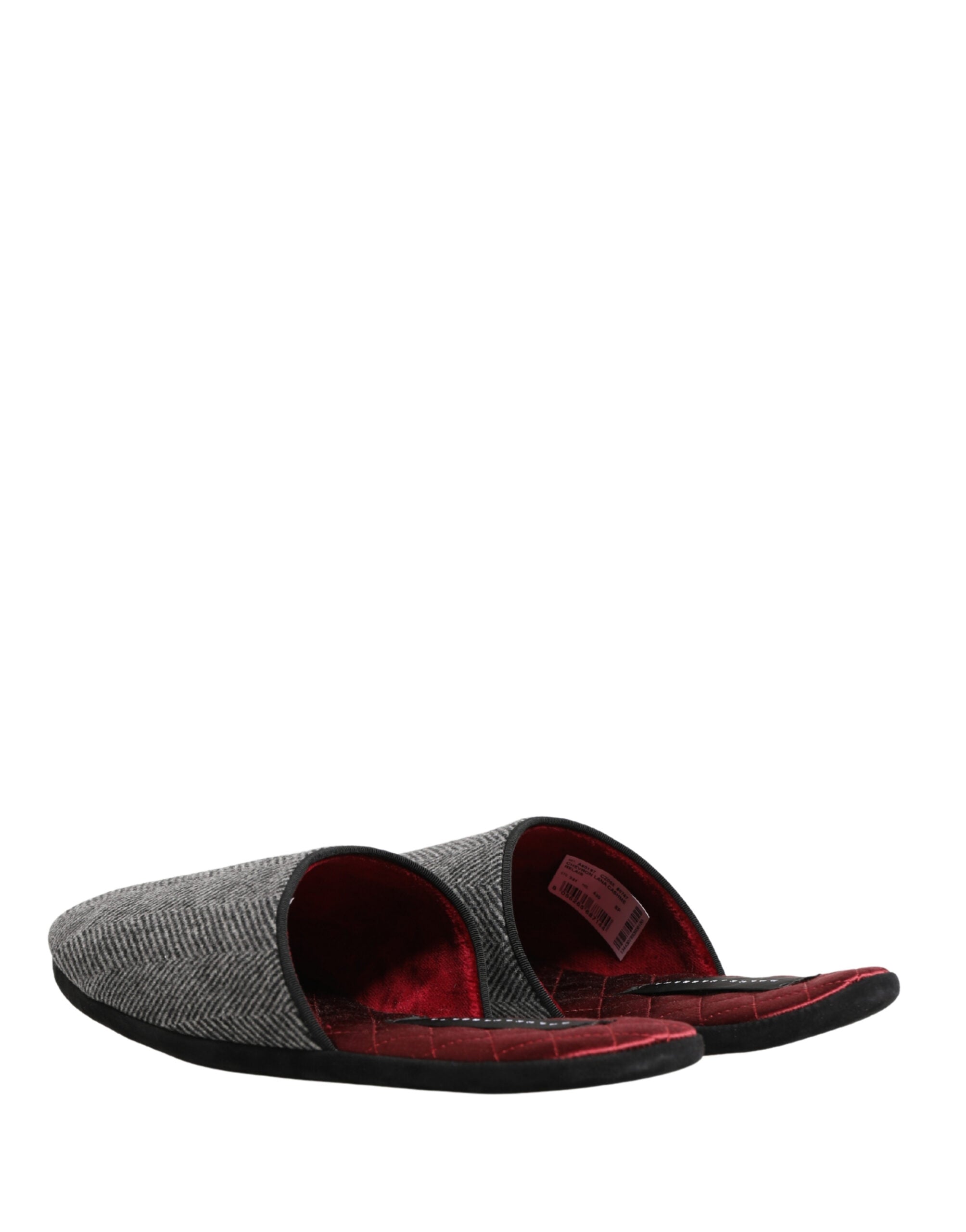 Dolce & Gabbana Grey Herringbone Cashmere Red Slippers Shoes