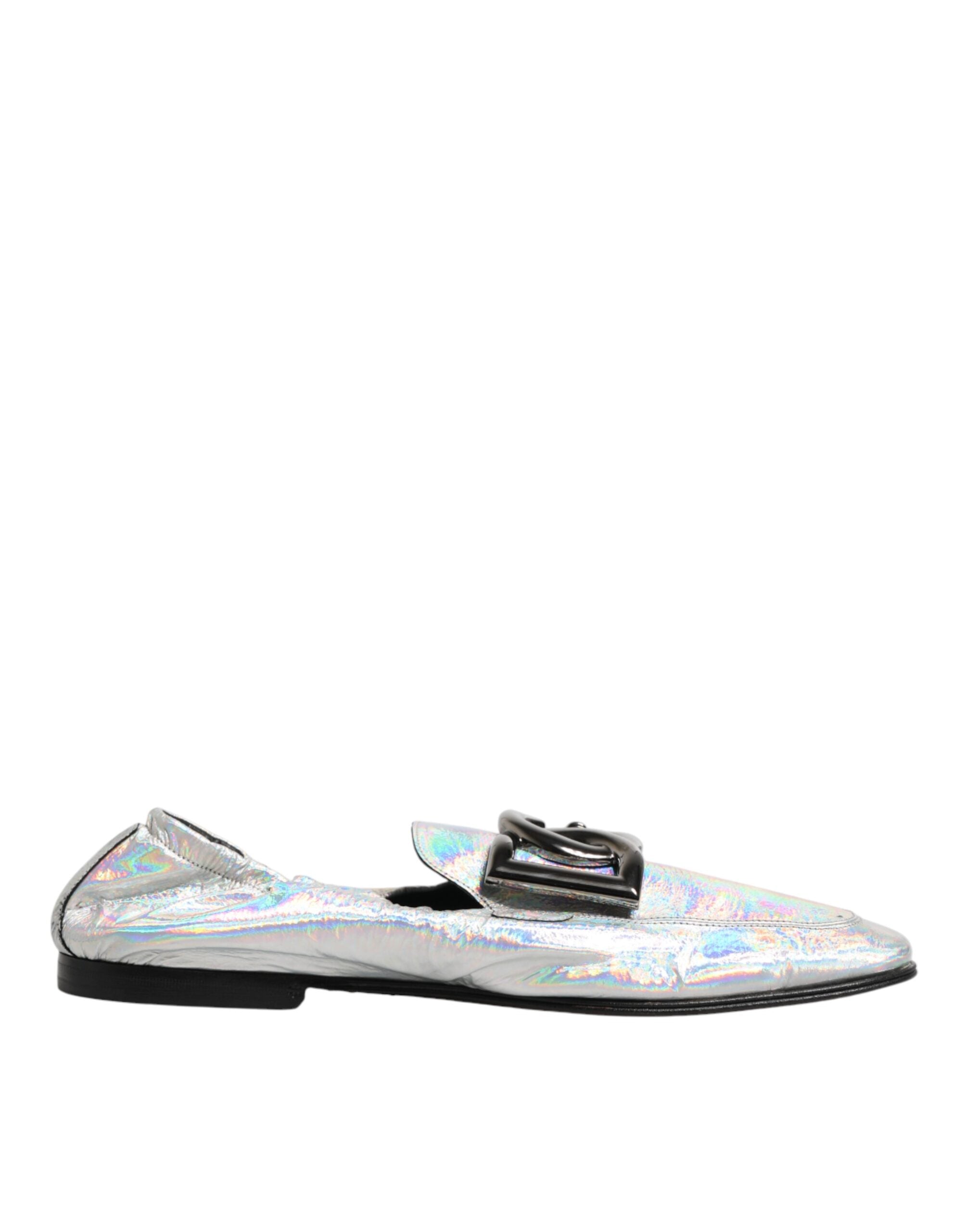 Dolce & Gabbana Silver DG Logo Holographic Leather Loafers Shoes