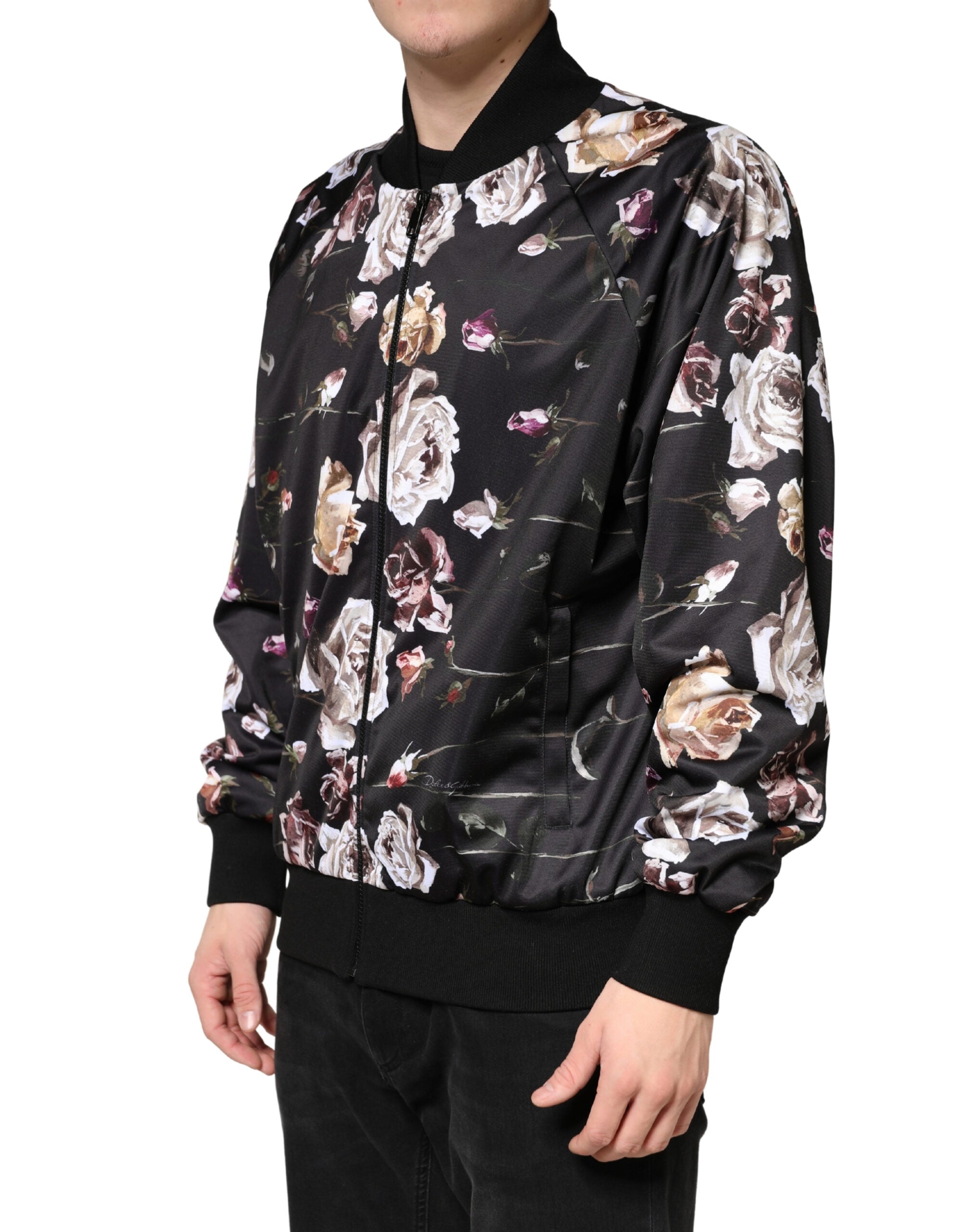 Dolce & Gabbana Black Floral Polyester Full Zip Bomber Jacket
