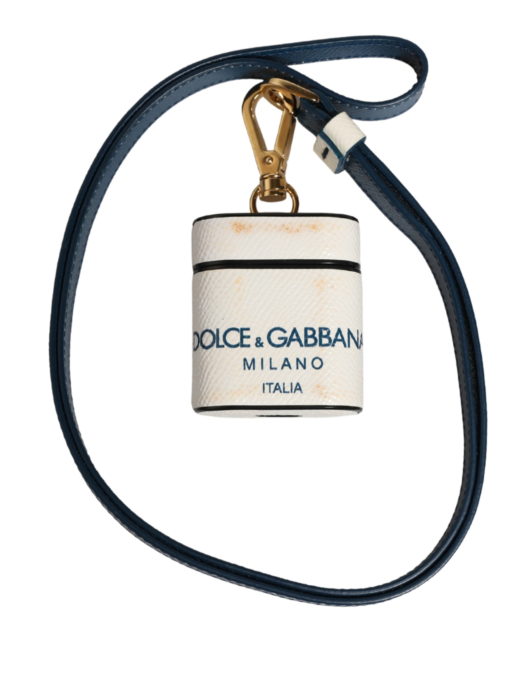 Dolce & Gabbana White Calf Leather Logo Flip Holder Strap Airpods Case