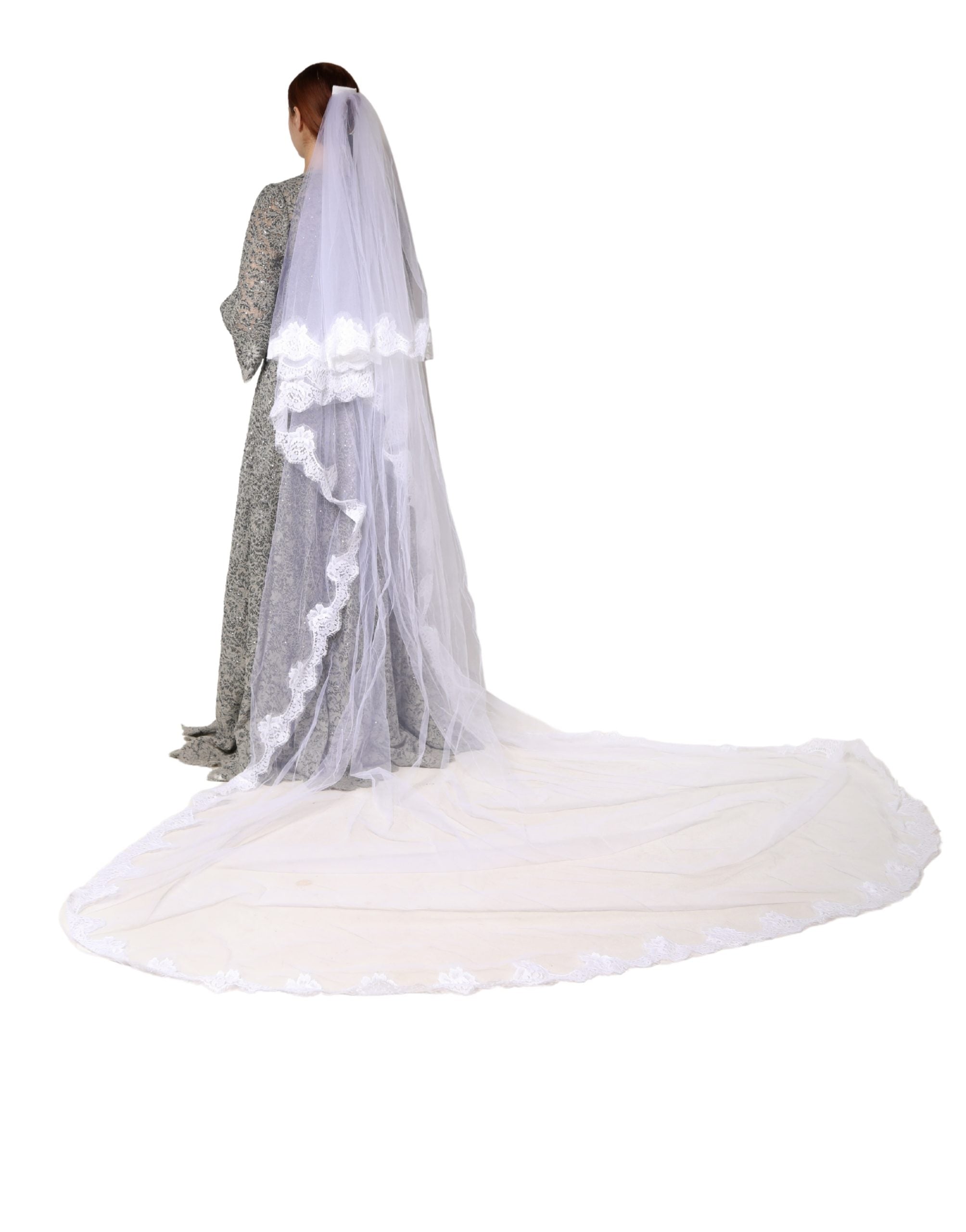 Dolce & Gabbana White Floral LaceNylon Floor Length 3M Long Veil