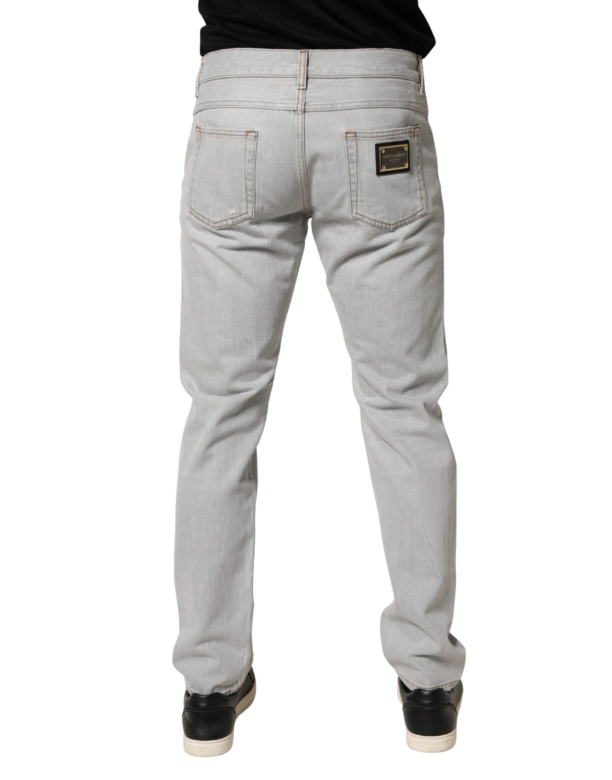 Dolce & Gabbana Light Gray Ripped Cotton Regular Denim Jeans