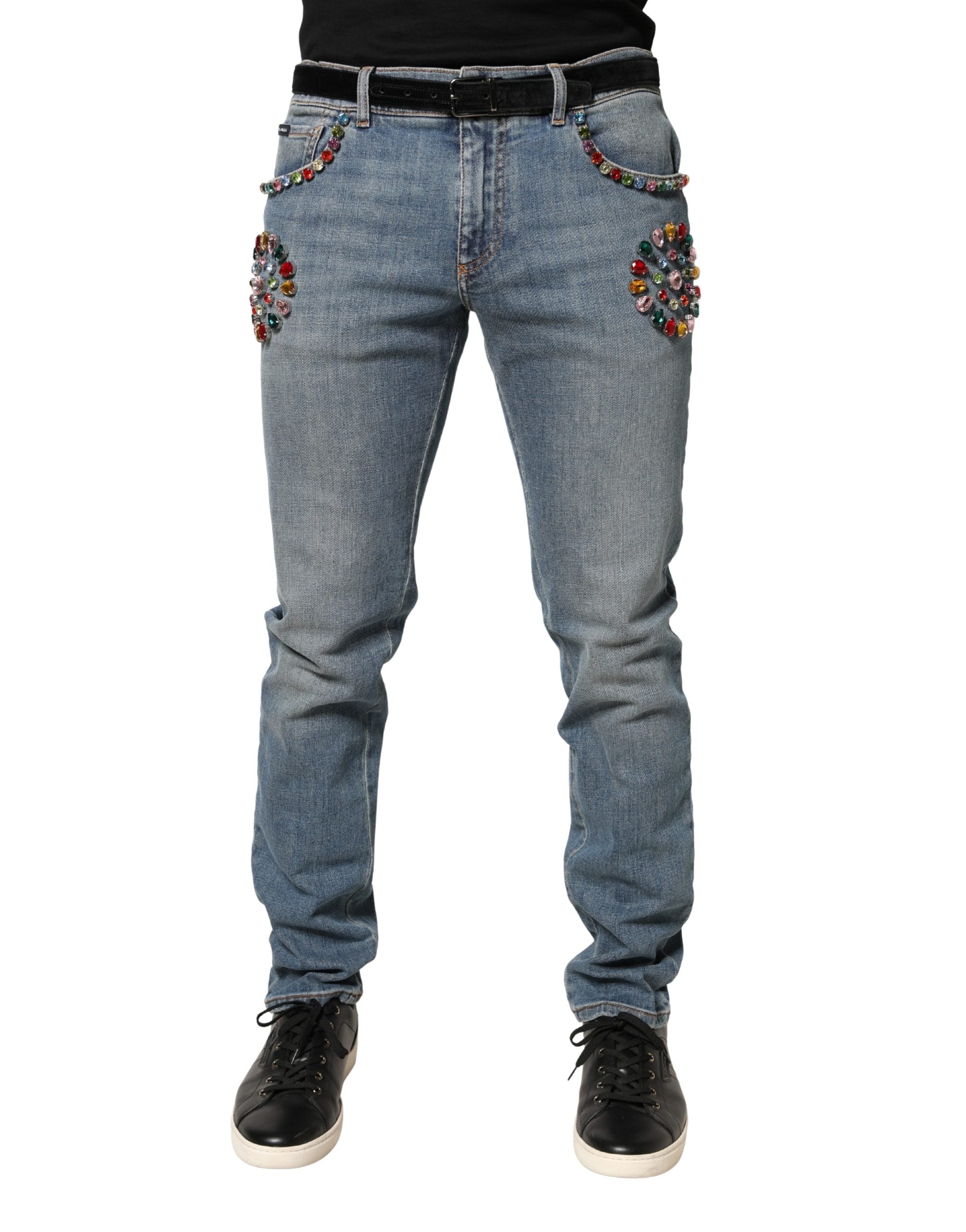 Dolce & Gabbana Blue Embellished Loose Cotton Men Denim Jeans