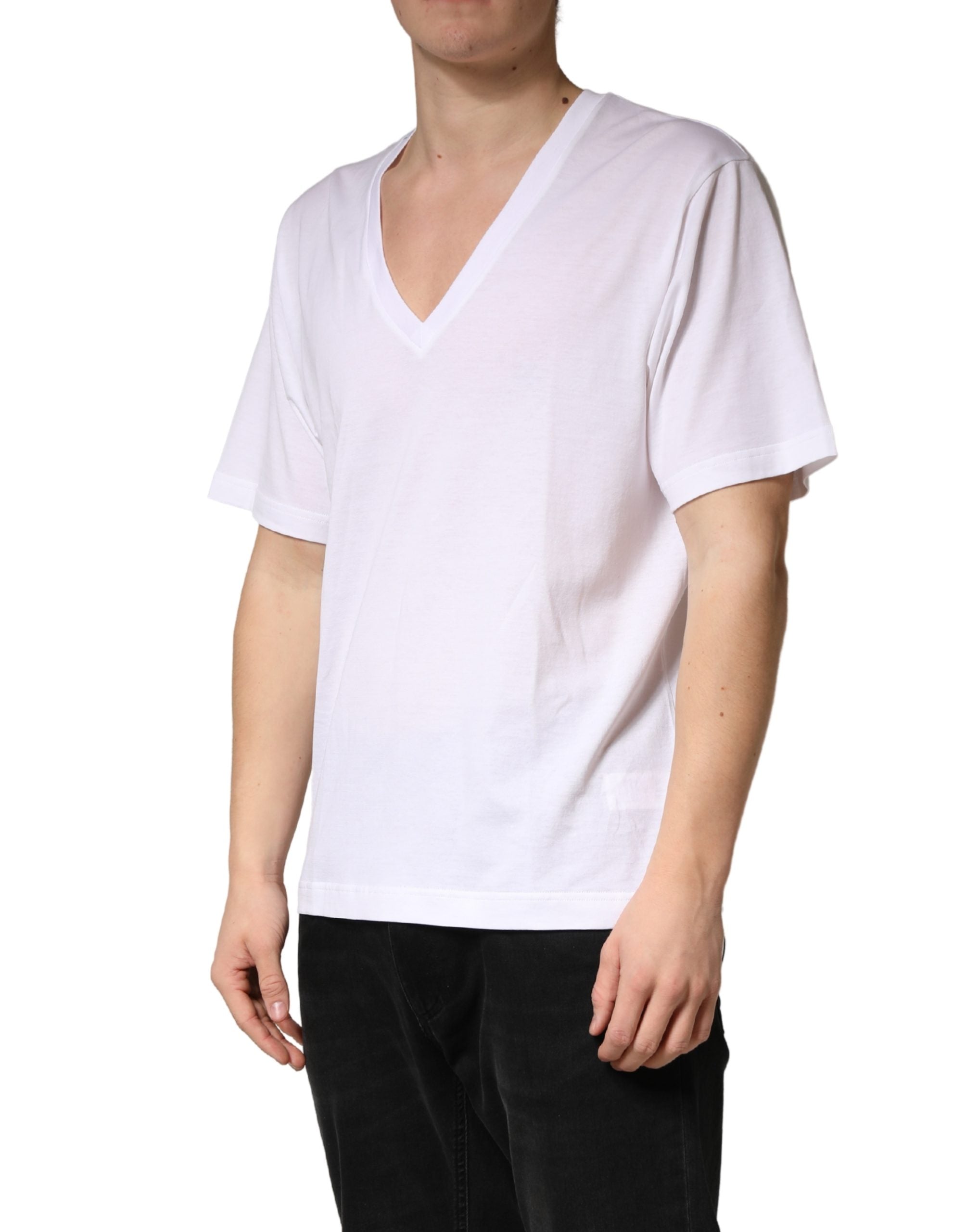 Dolce & Gabbana White Cotton Plain V-Neck Men Shirt T-shirt
