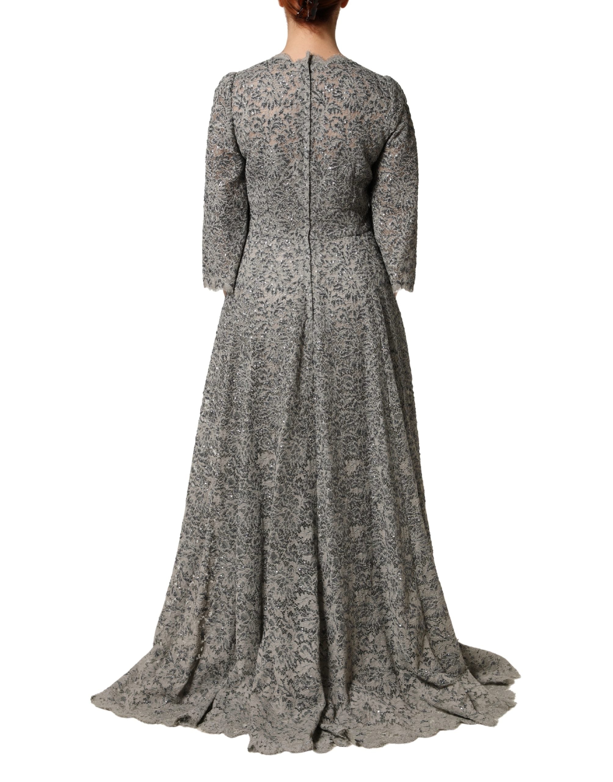 Dolce & Gabbana Gray Lace Long Sleeves Cotton Maxi Dress