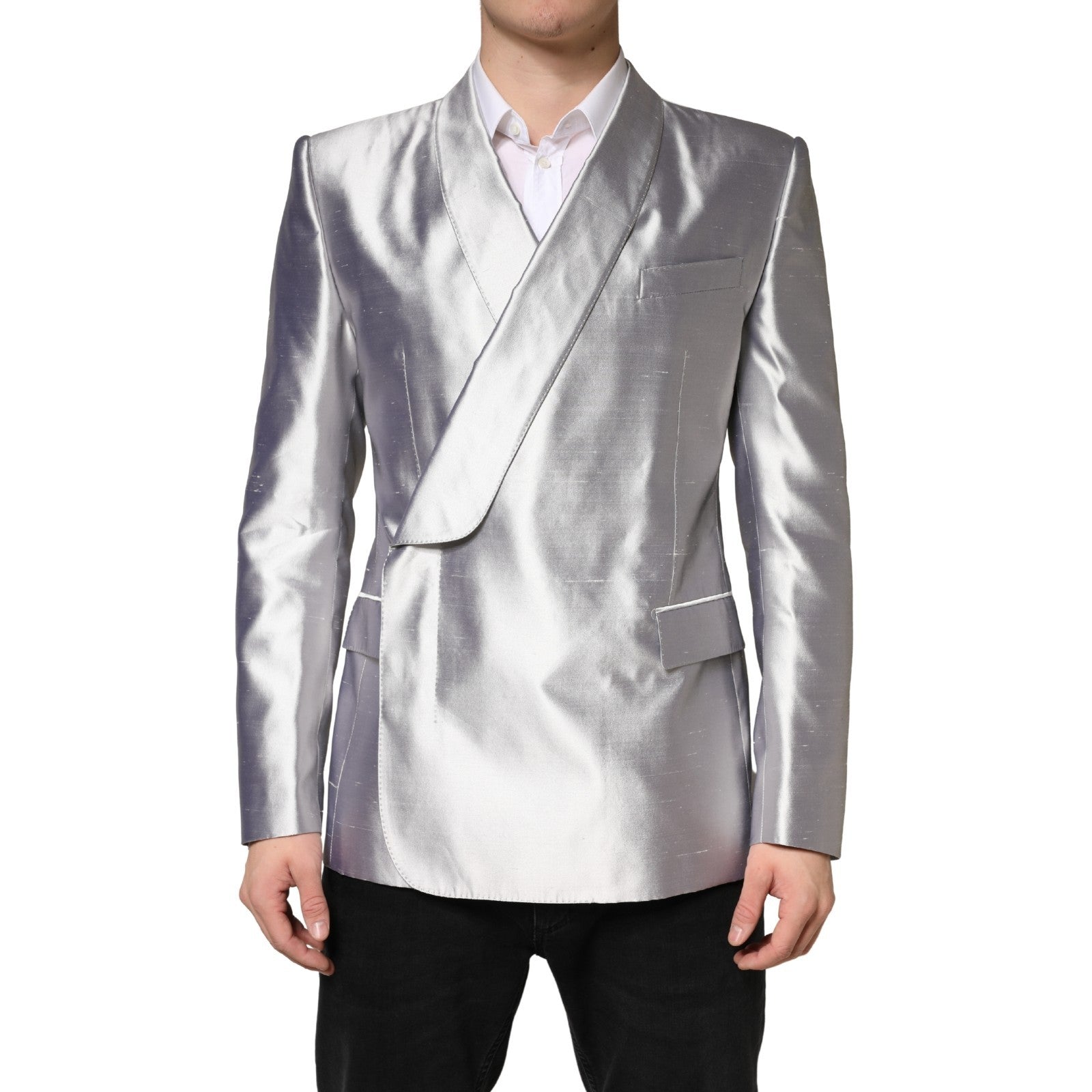Dolce & Gabbana Silver SICILIA Silk Double Breasted Blazer