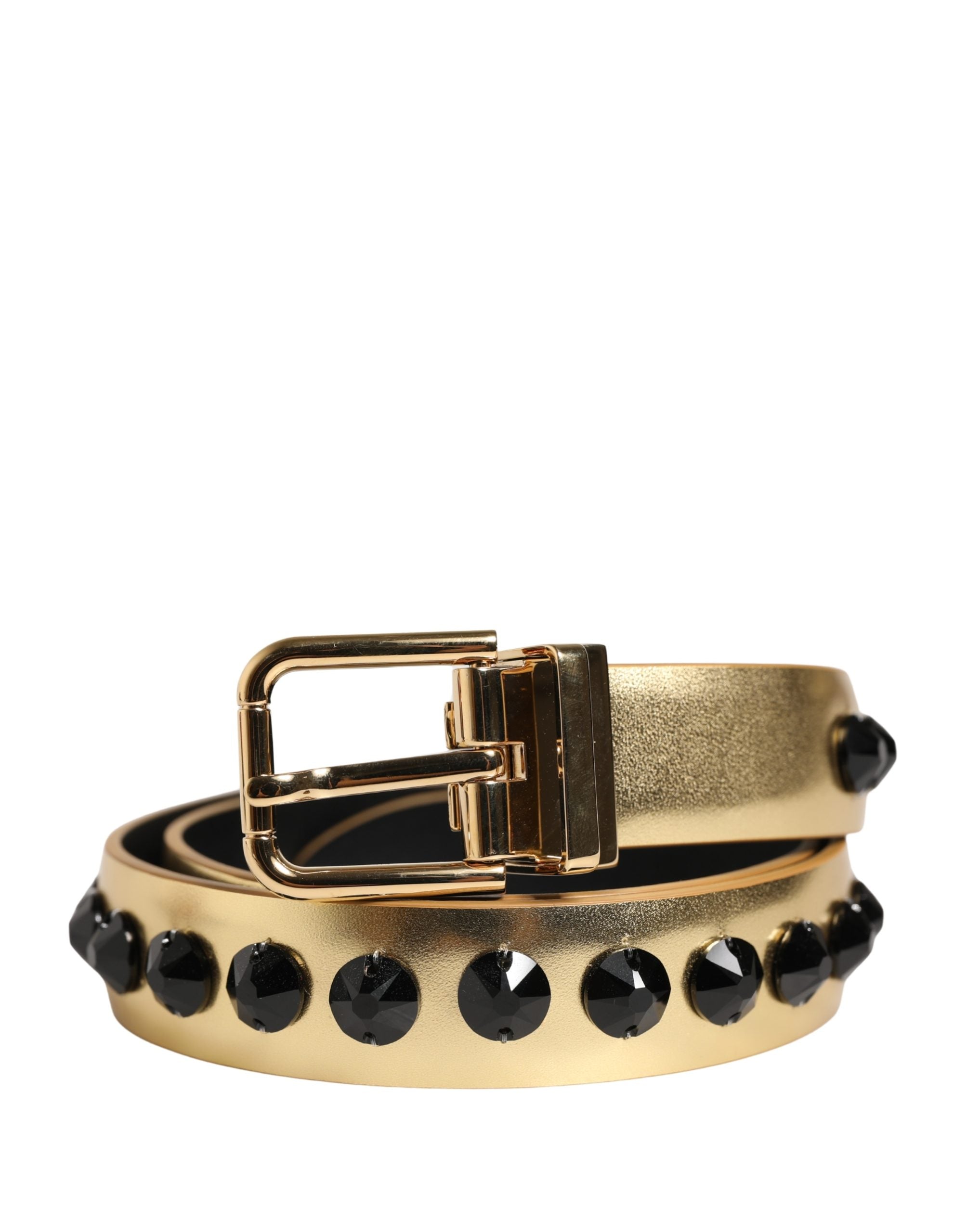 Dolce & Gabbana Gold Leather Black Crystals Metal Buckle Belt