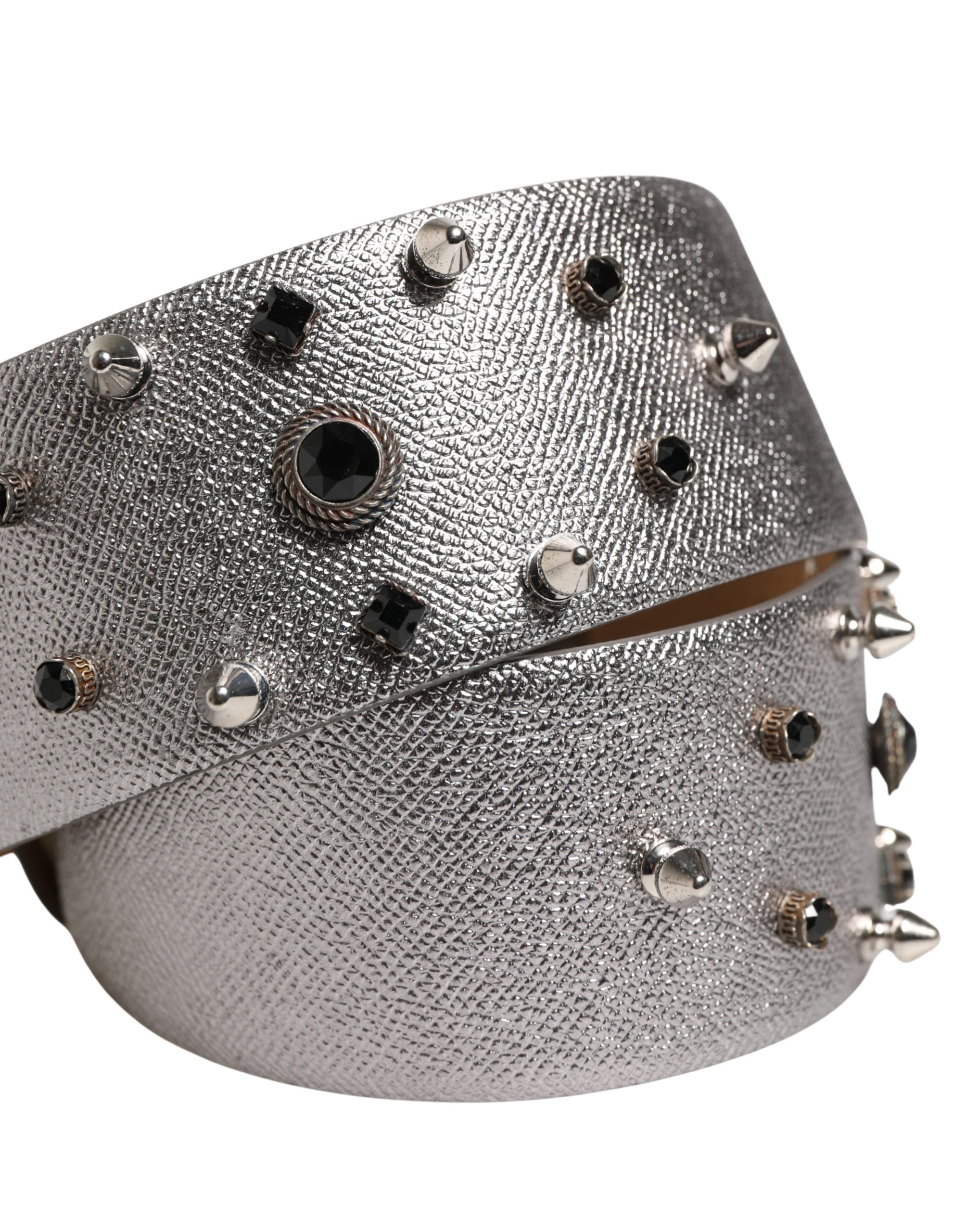 Dolce & Gabbana Silver Leather Crystal Metal Buckle Belt