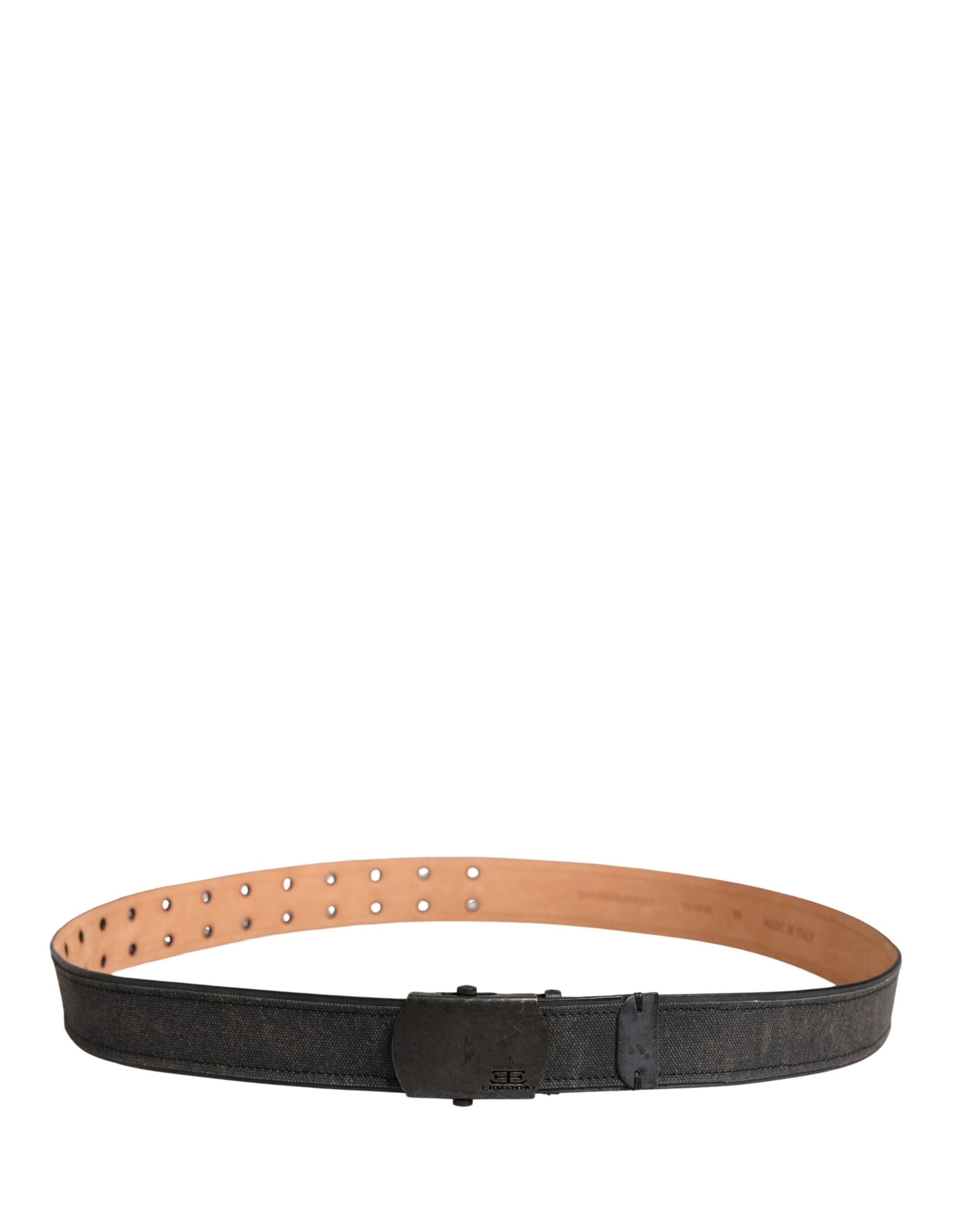 Ermanno Scervino Black Leather Cotton Logo Metal Buckle Belt
