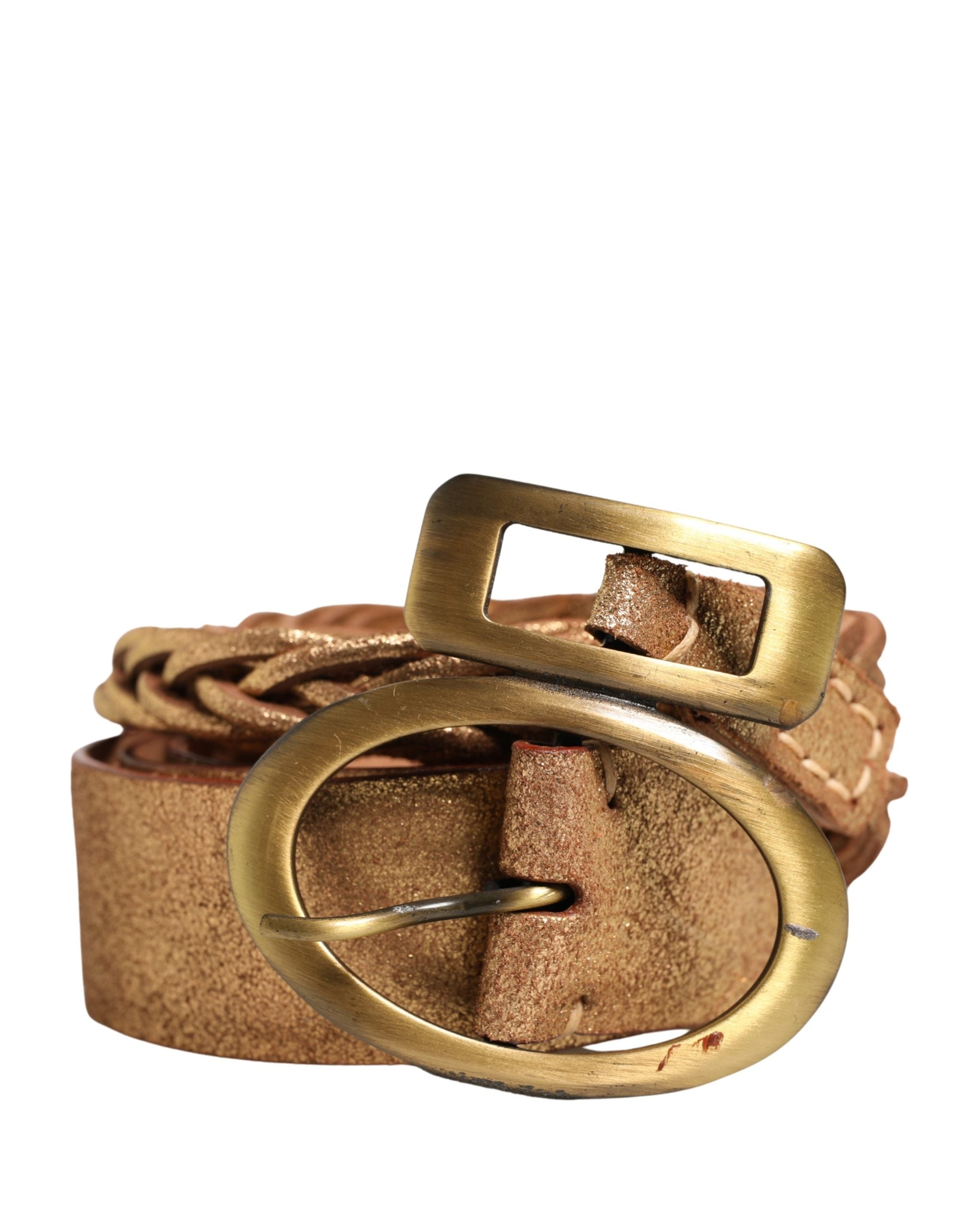 Ermanno Scervino Gold Leather Braided Metal Buckle Belt