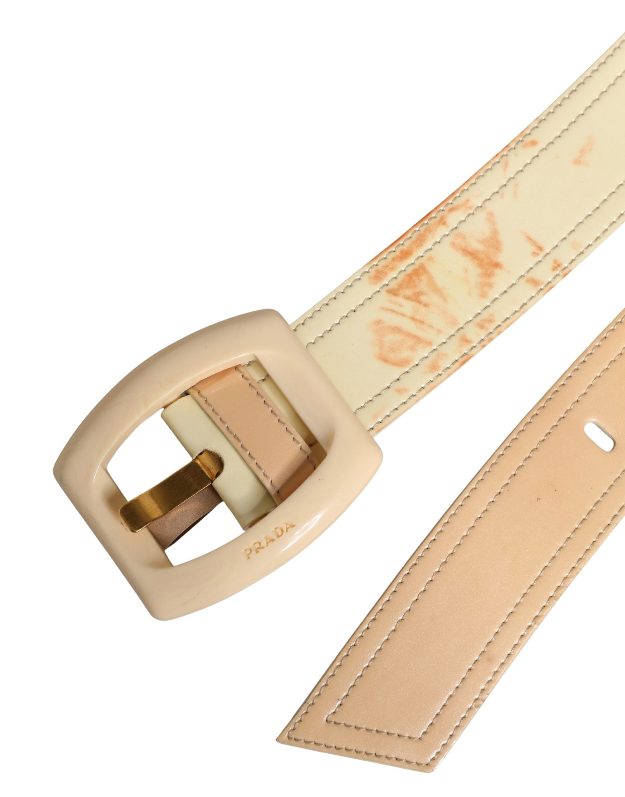 Prada Beige Leather Logo Wide Waist Women Square Buckle Belt