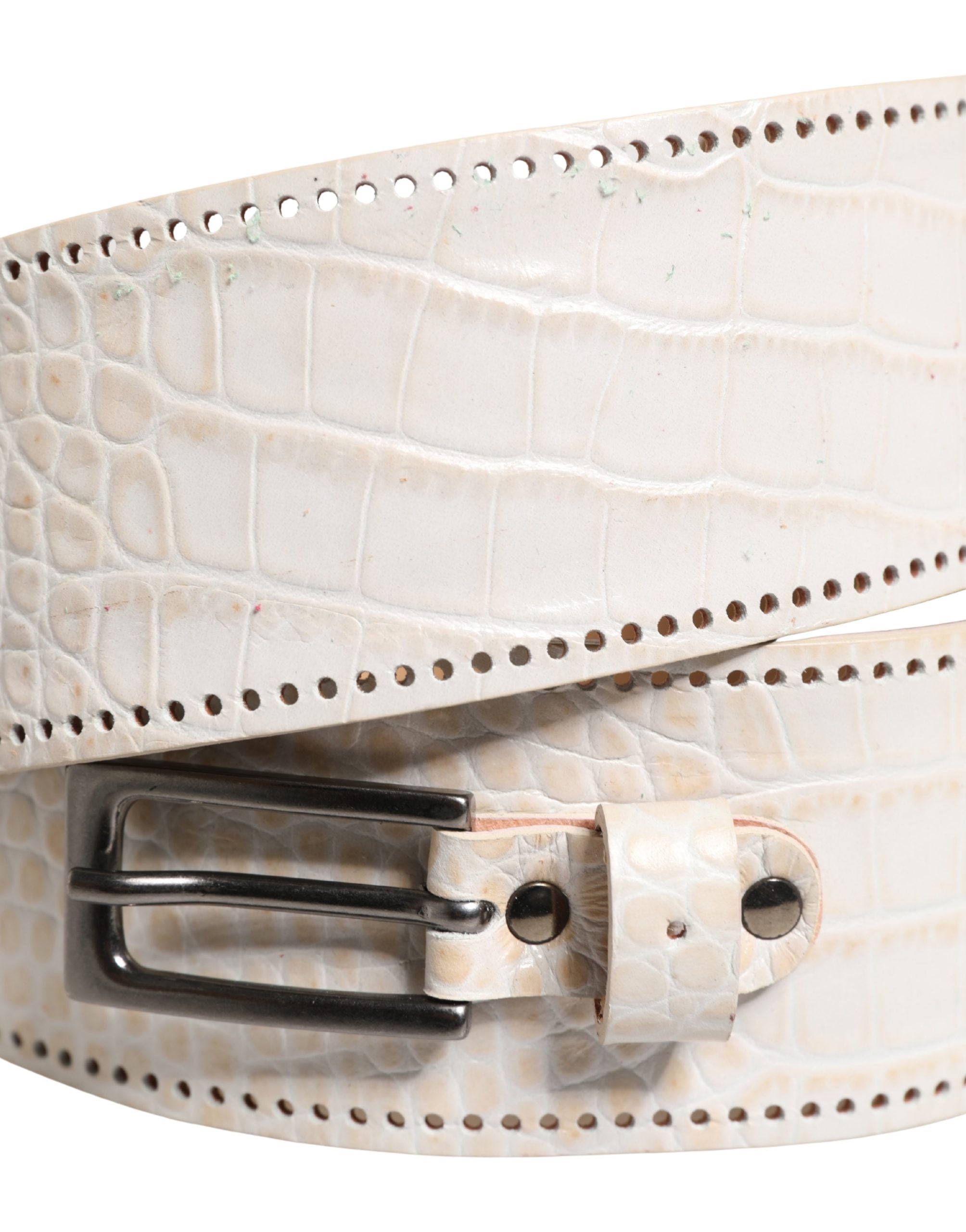 Scervino Street White Textured Leather Wide SilverMetal Buckle Belt