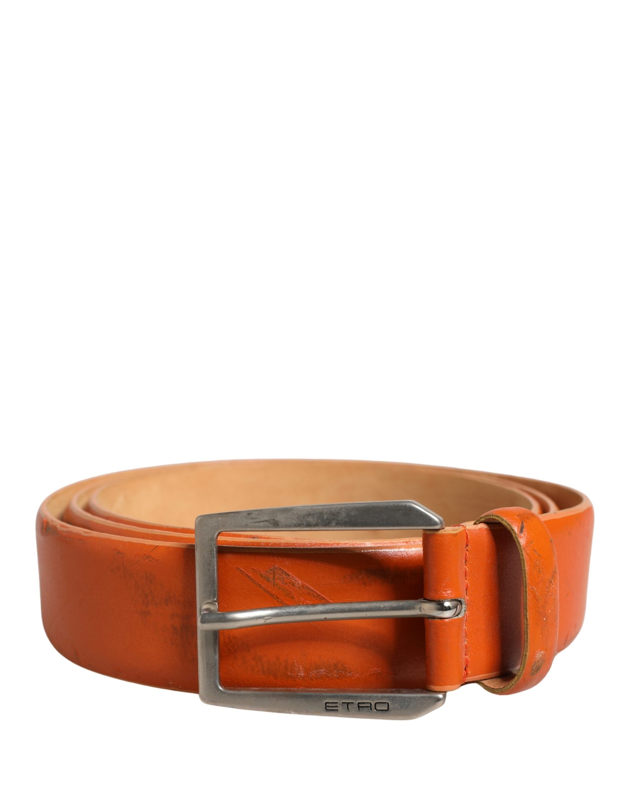 Etro Orange Genuine Leather Silver Metal Buckle Waist Belt