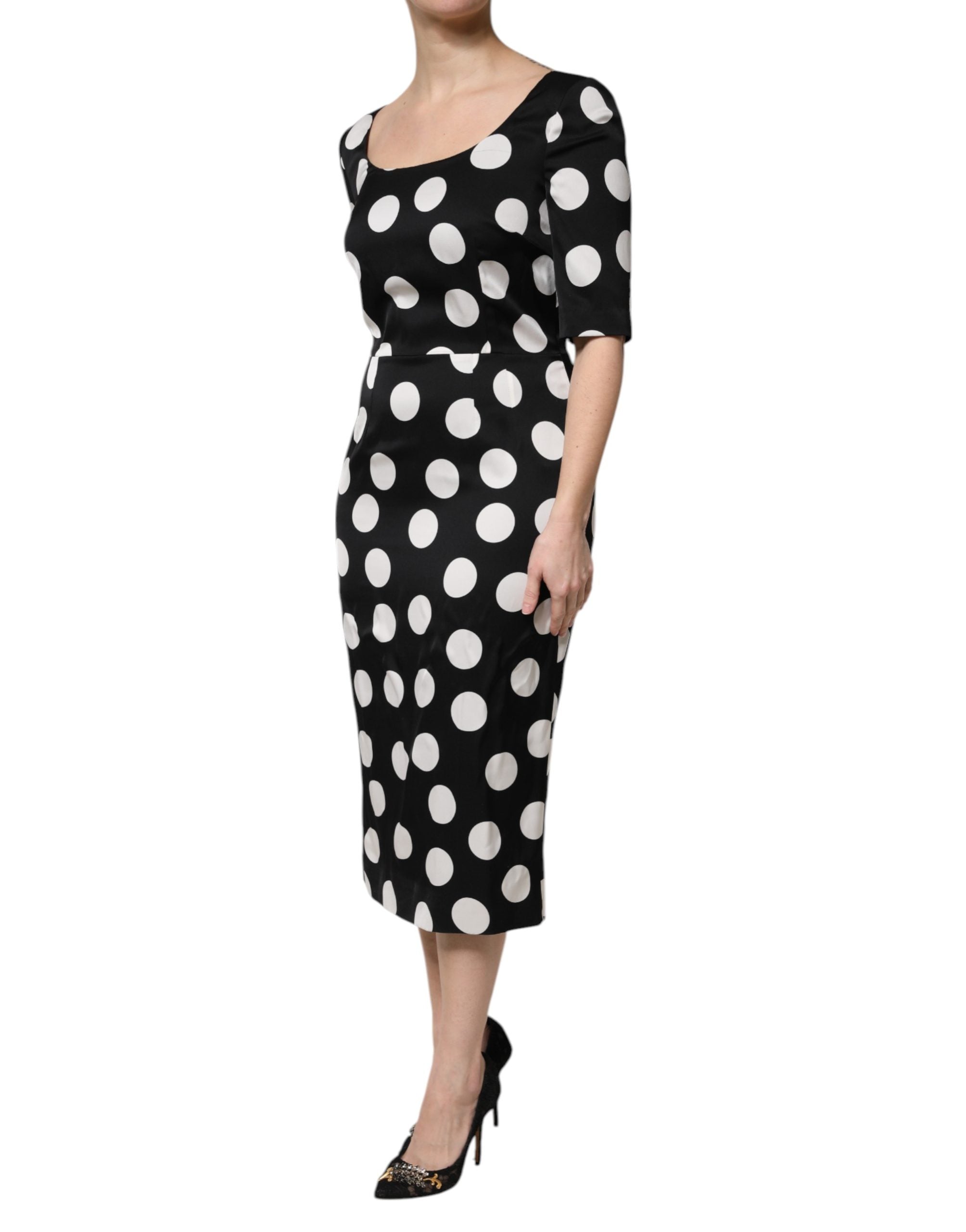 Dolce & Gabbana Black White Polka Dot Silk Sheath Midi Dress
