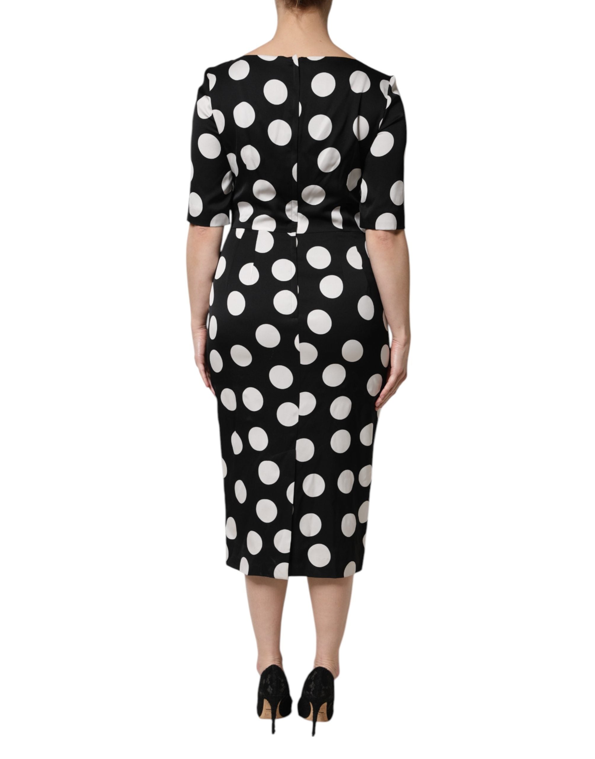Dolce & Gabbana Black White Polka Dot Silk Sheath Midi Dress