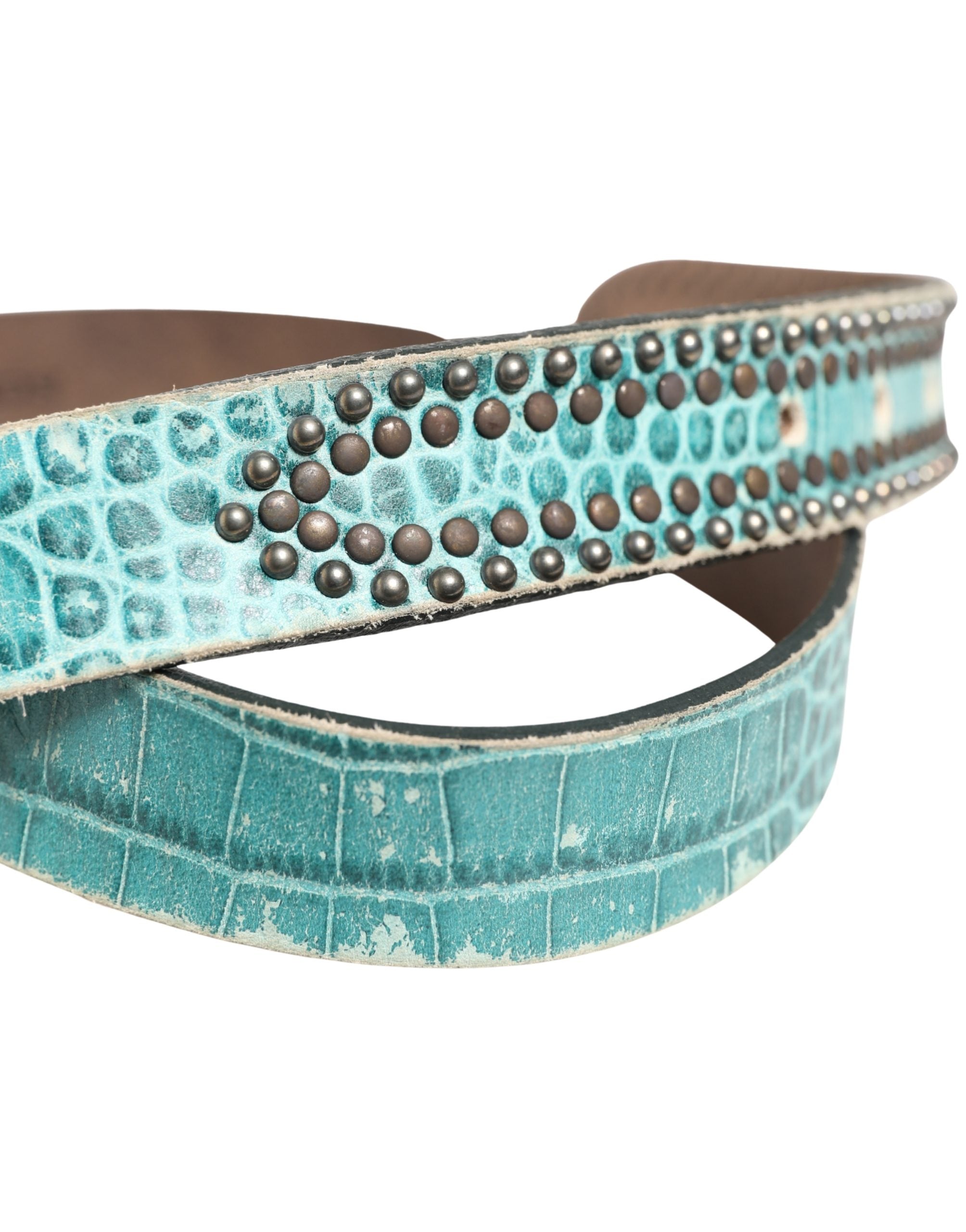 Scervino Street Women Green Leather Croco Print Studded Belt