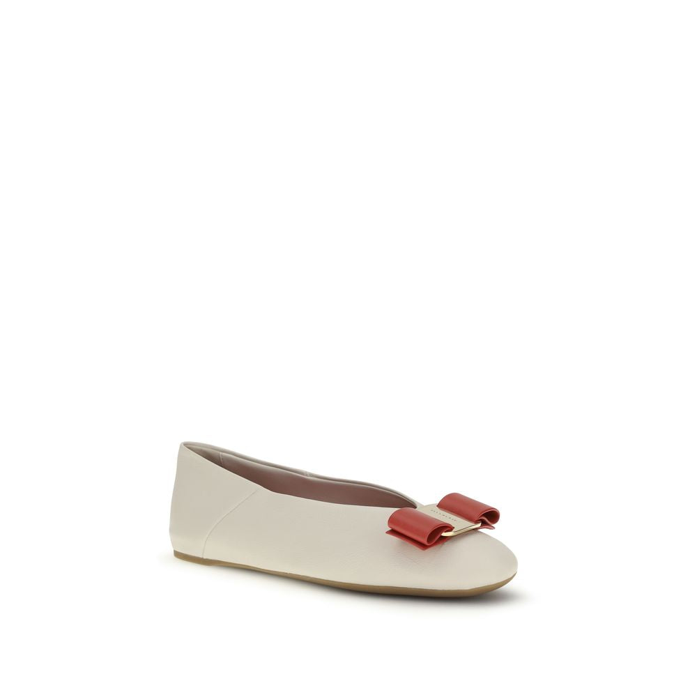 Ferragamo White Calf Leather Bos Taurus Ballet Flats