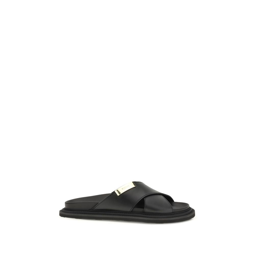 Moschino Black Calf Leather Bos Taurus Flat Sandals