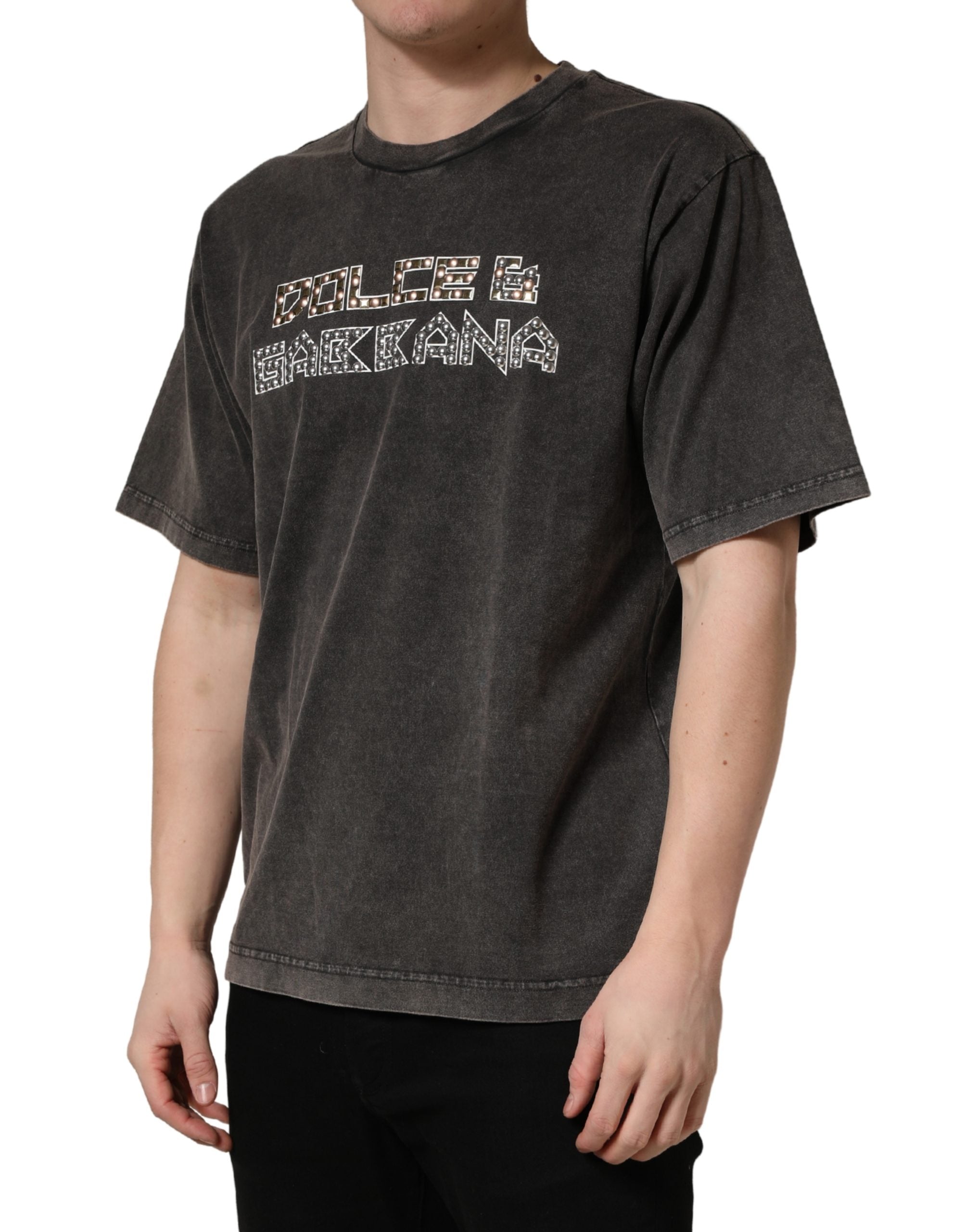 Dolce & Gabbana Gray Logo Embellished Men Crew Neck T-shirt