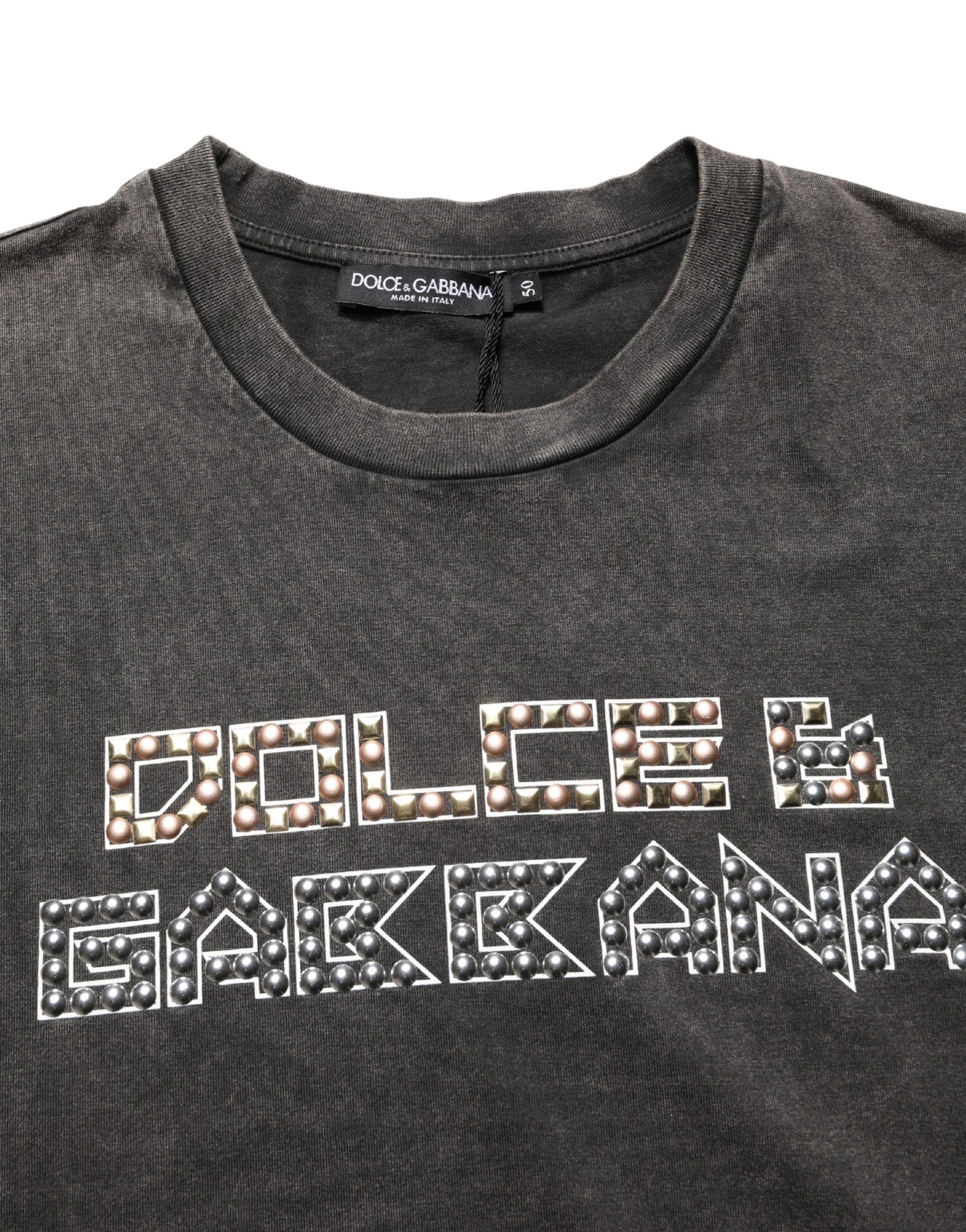 Dolce & Gabbana Gray Logo Embellished Men Crew Neck T-shirt