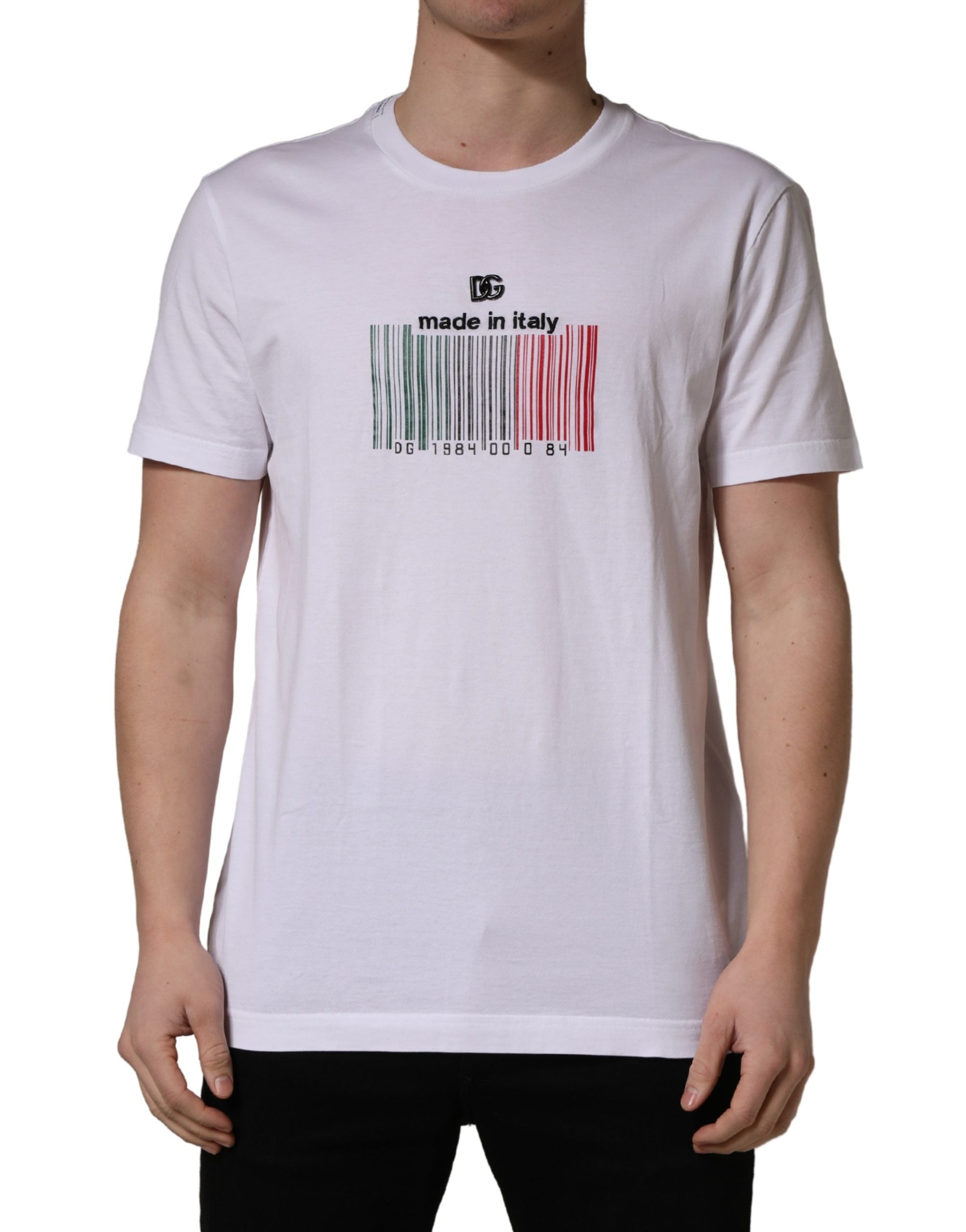 Dolce & Gabbana White Barcode Print Cotton Crew Neck T-shirt