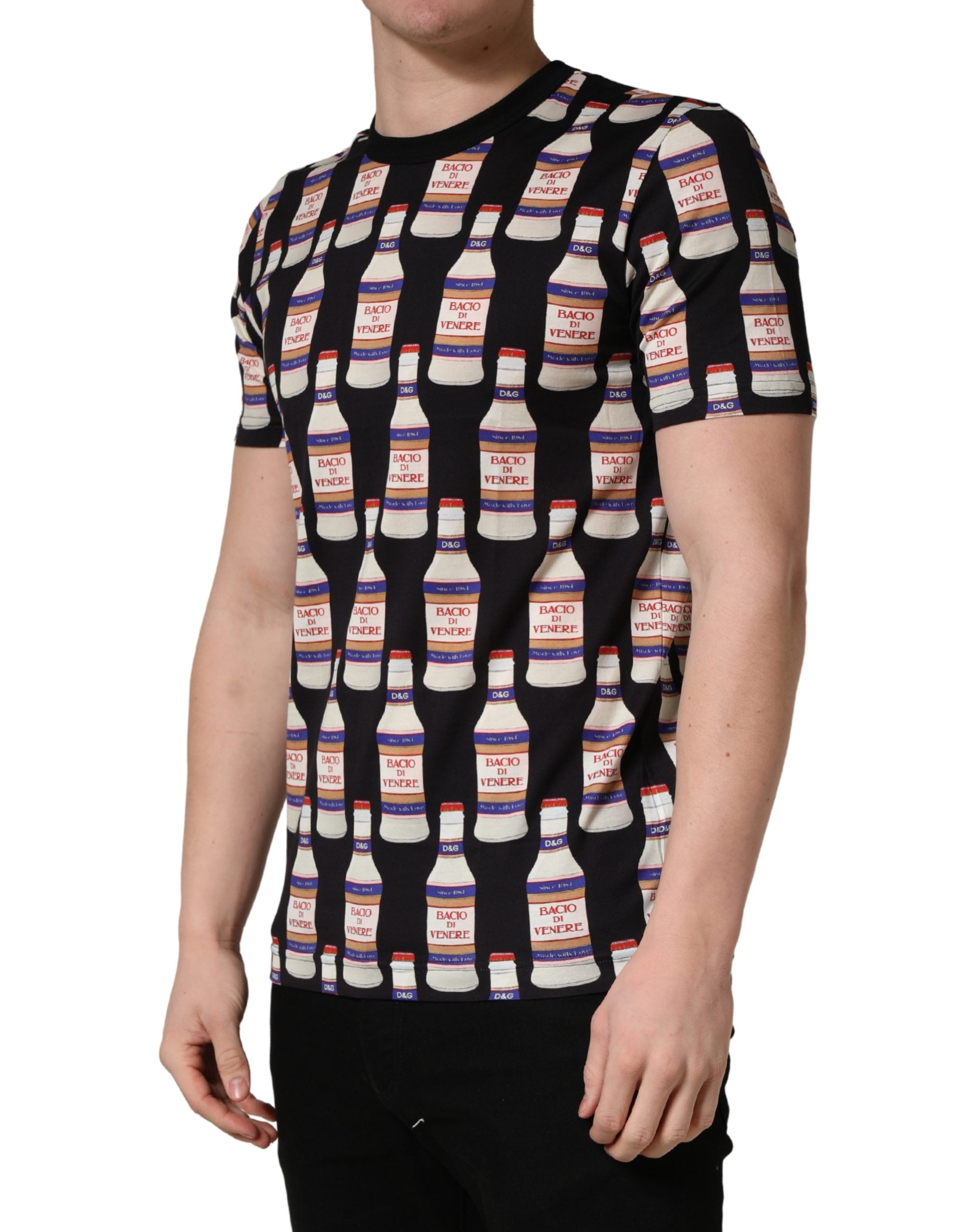 Dolce & Gabbana Black Bottle Print Cotton Crew Neck  T-shirt