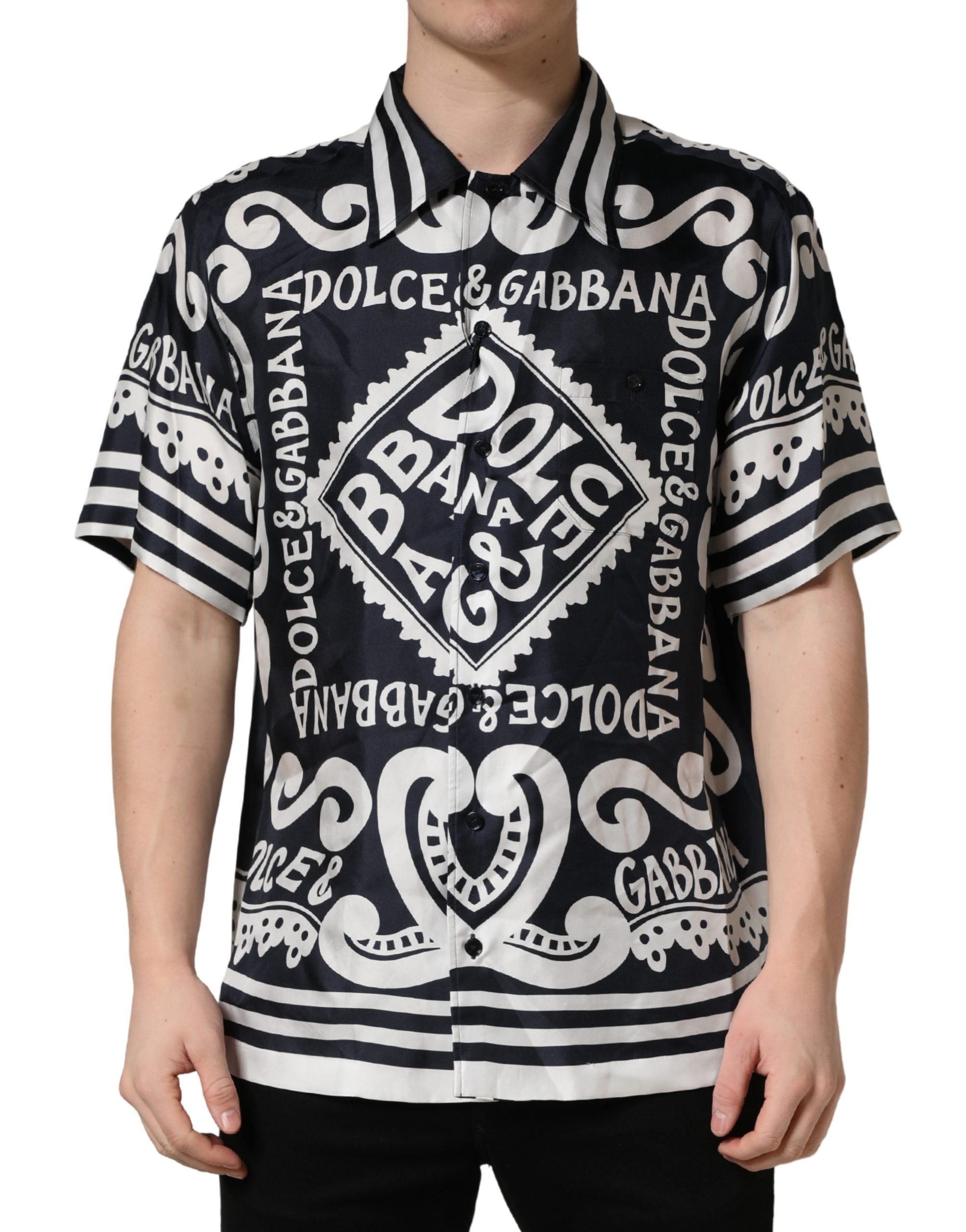 Dolce & Gabbana Black White Marina Print Silk Hawaii Shirt