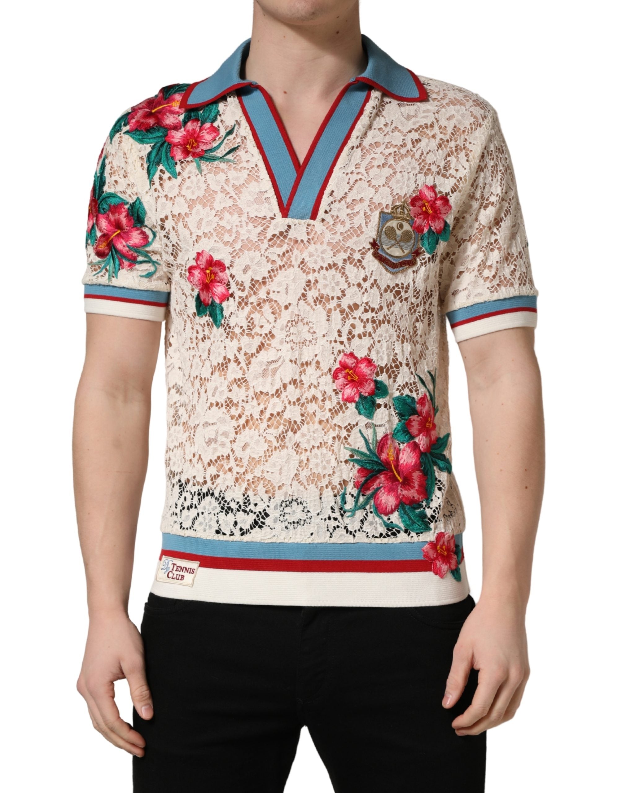 Dolce & Gabbana Beige Floral Tennis Club Lace Polo T-shirt