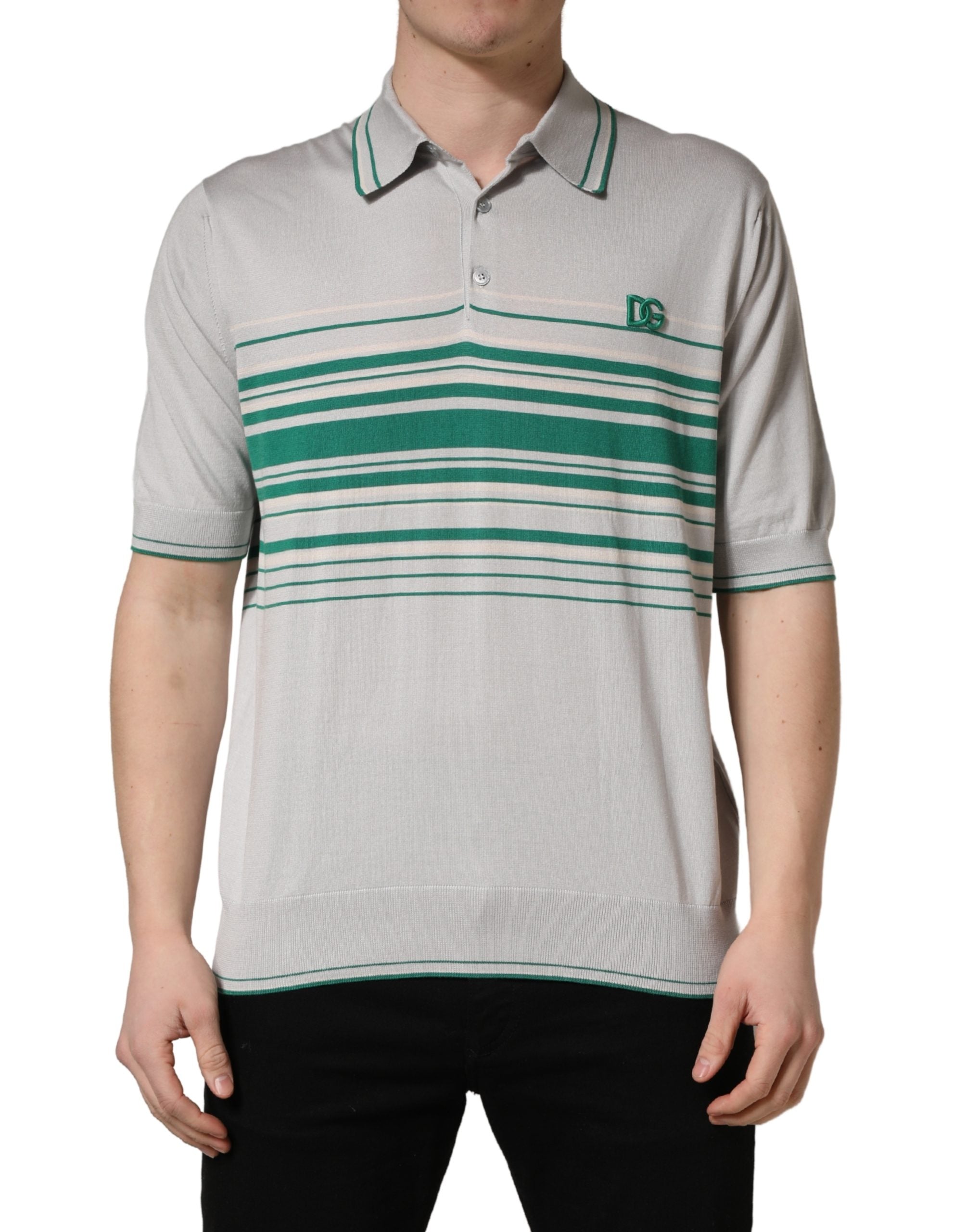 Dolce & Gabbana Gray Green Striped Logo Silk Polo T-shirt