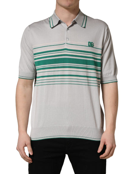 Dolce & Gabbana Gray Green Striped Logo Silk Polo T-shirt
