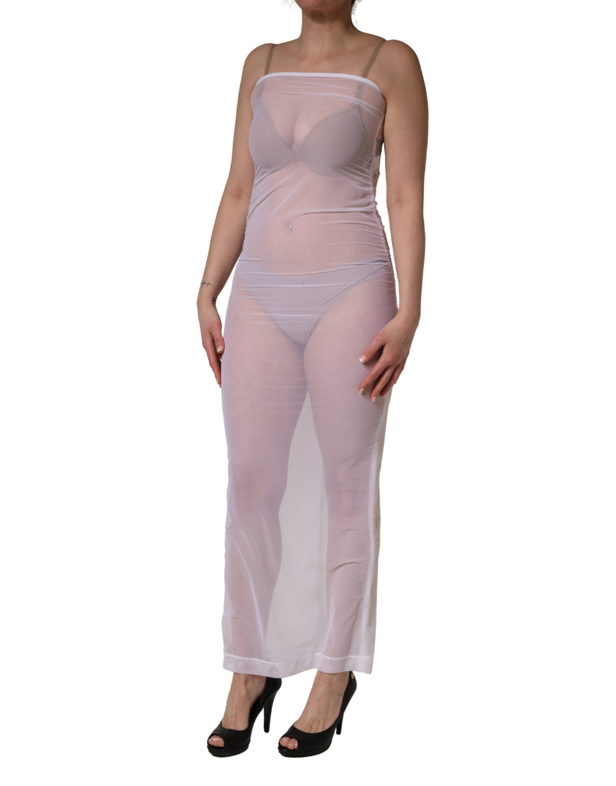 Dolce & Gabbana White Sheer Nylon Stretch Sheath Maxi Dress