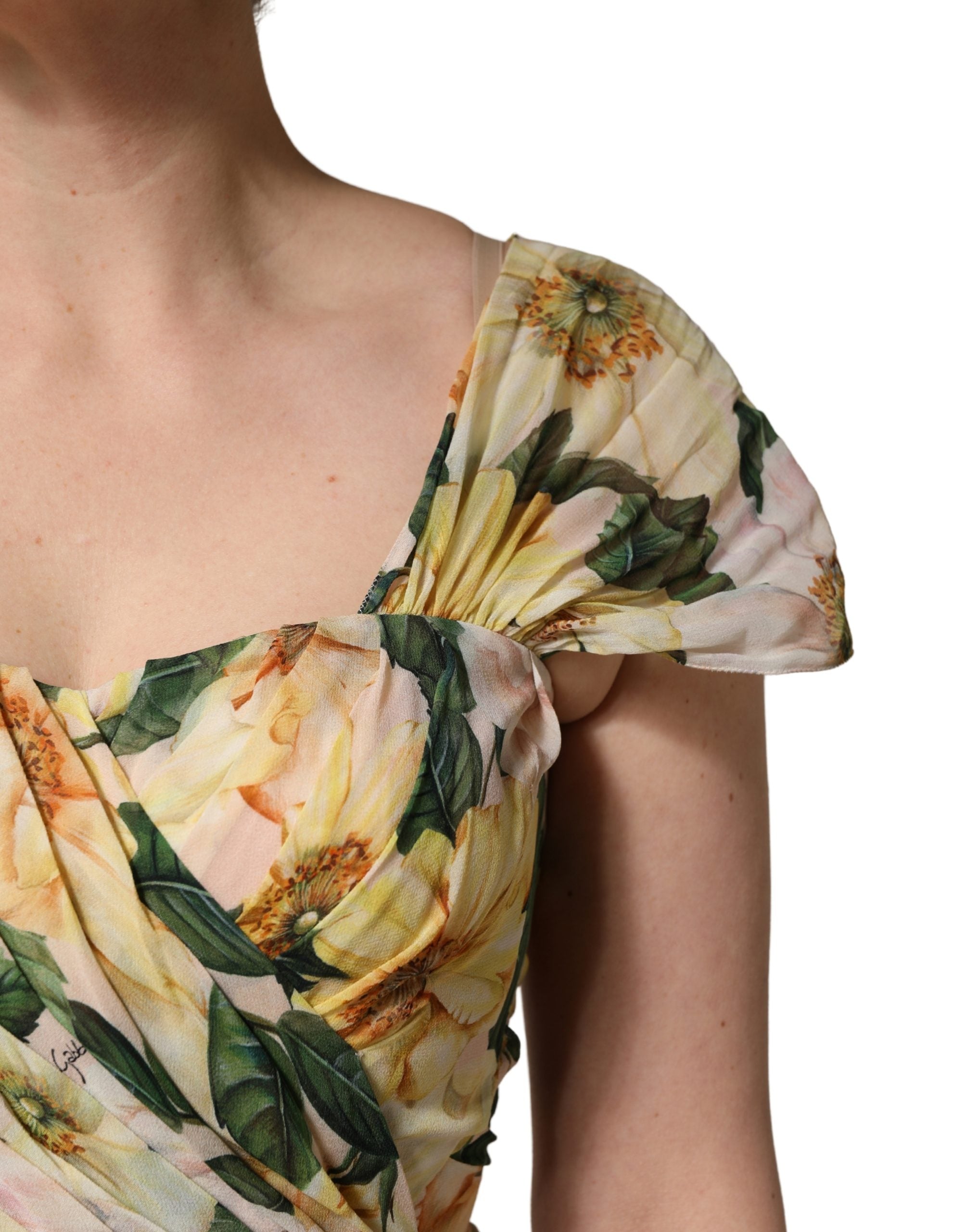Dolce & Gabbana Yellow Silk Floral Print Pleated Maxi Dress