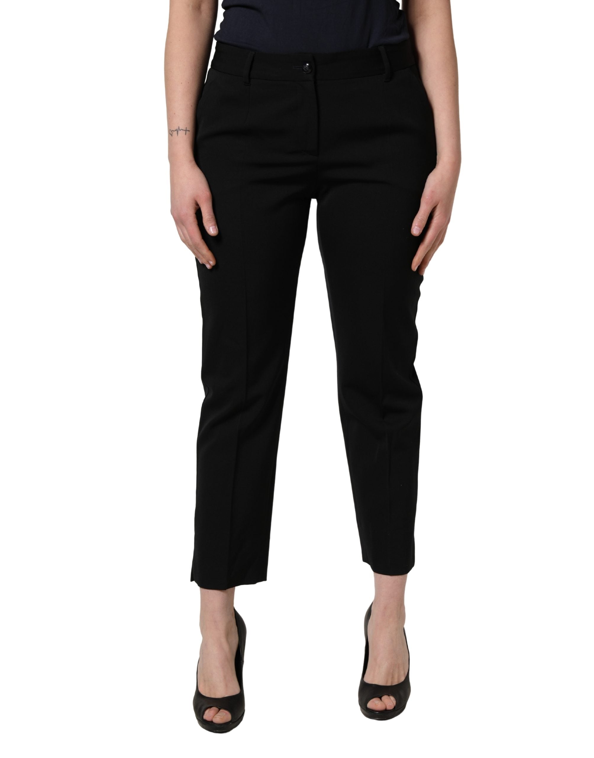 Dolce & Gabbana Black Wool High Waist Cropped Tapered Pants
