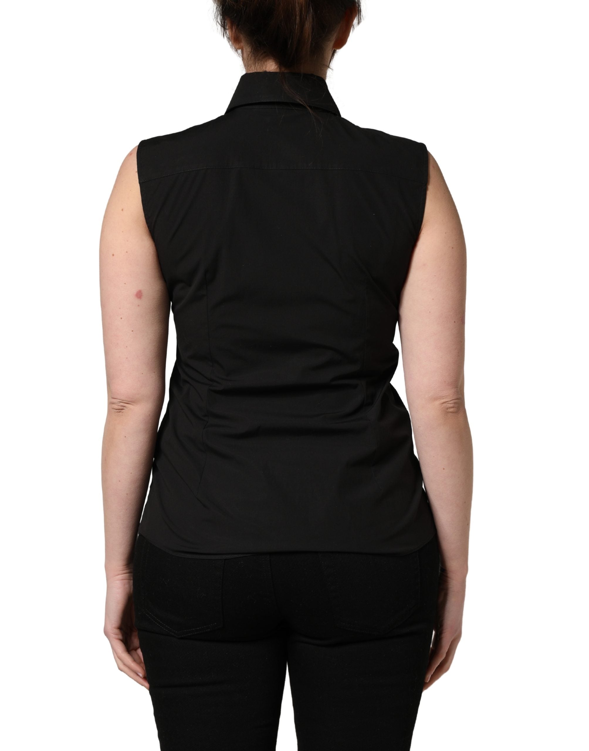 Dolce & Gabbana Black Cotton Sleeveless Collared Blouse Top