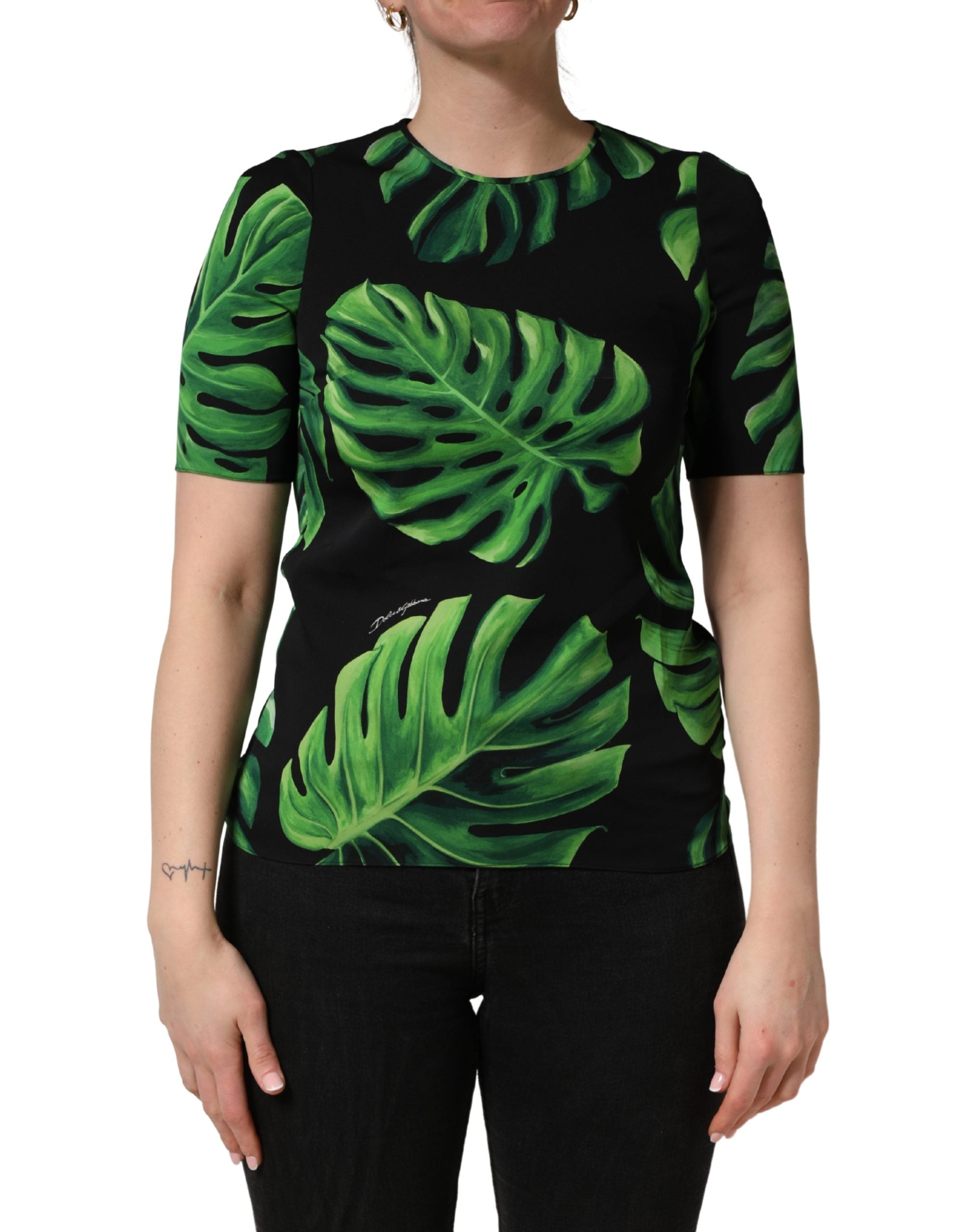 Dolce & Gabbana Black Philodendron Print Silk Blouse Top