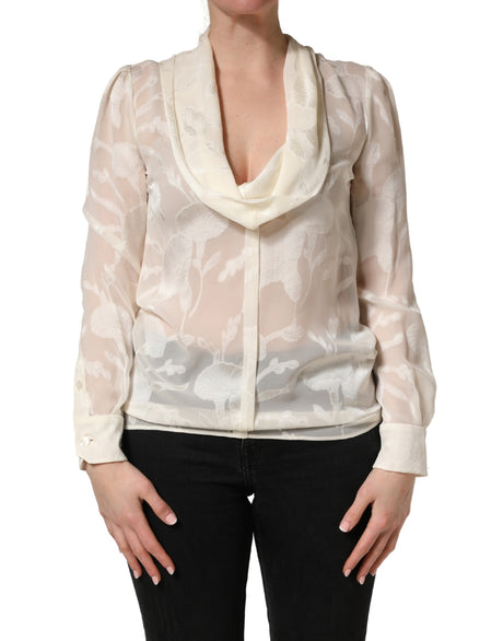 Dolce & Gabbana Off White Floral Semi Sheer Silk Blouse Top