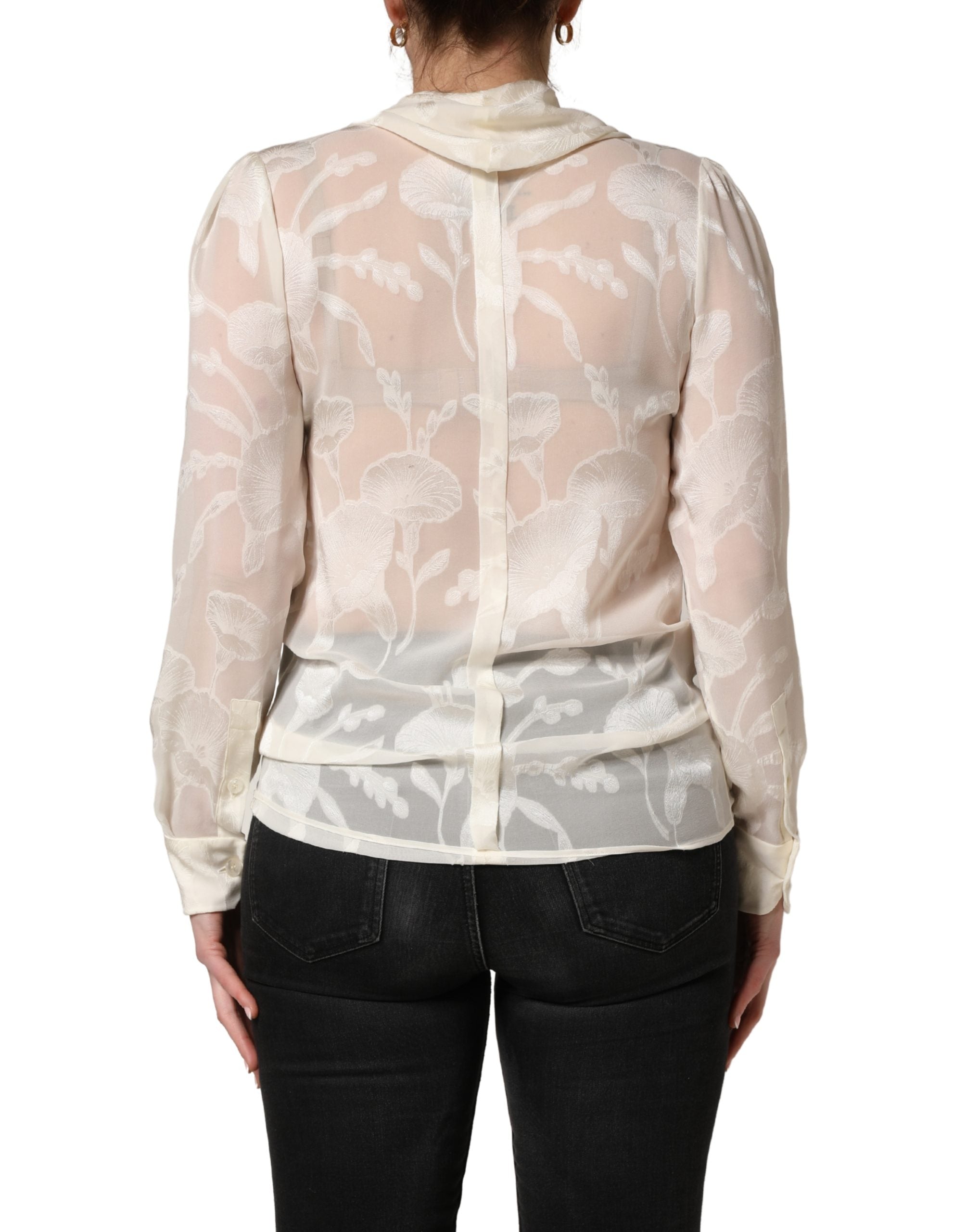 Dolce & Gabbana Off White Floral Semi Sheer Silk Blouse Top