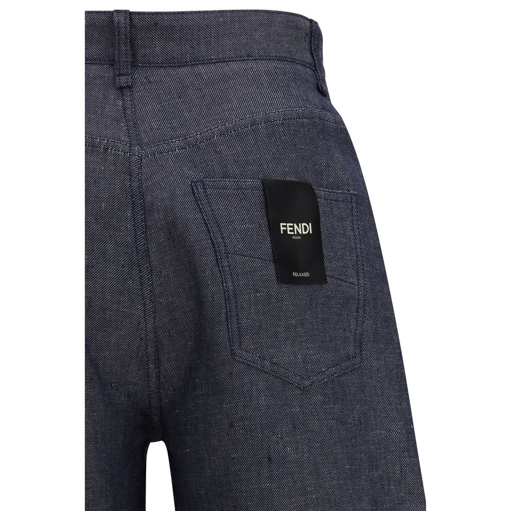 Fendi Blue Linen Relaxed Fit Jeans