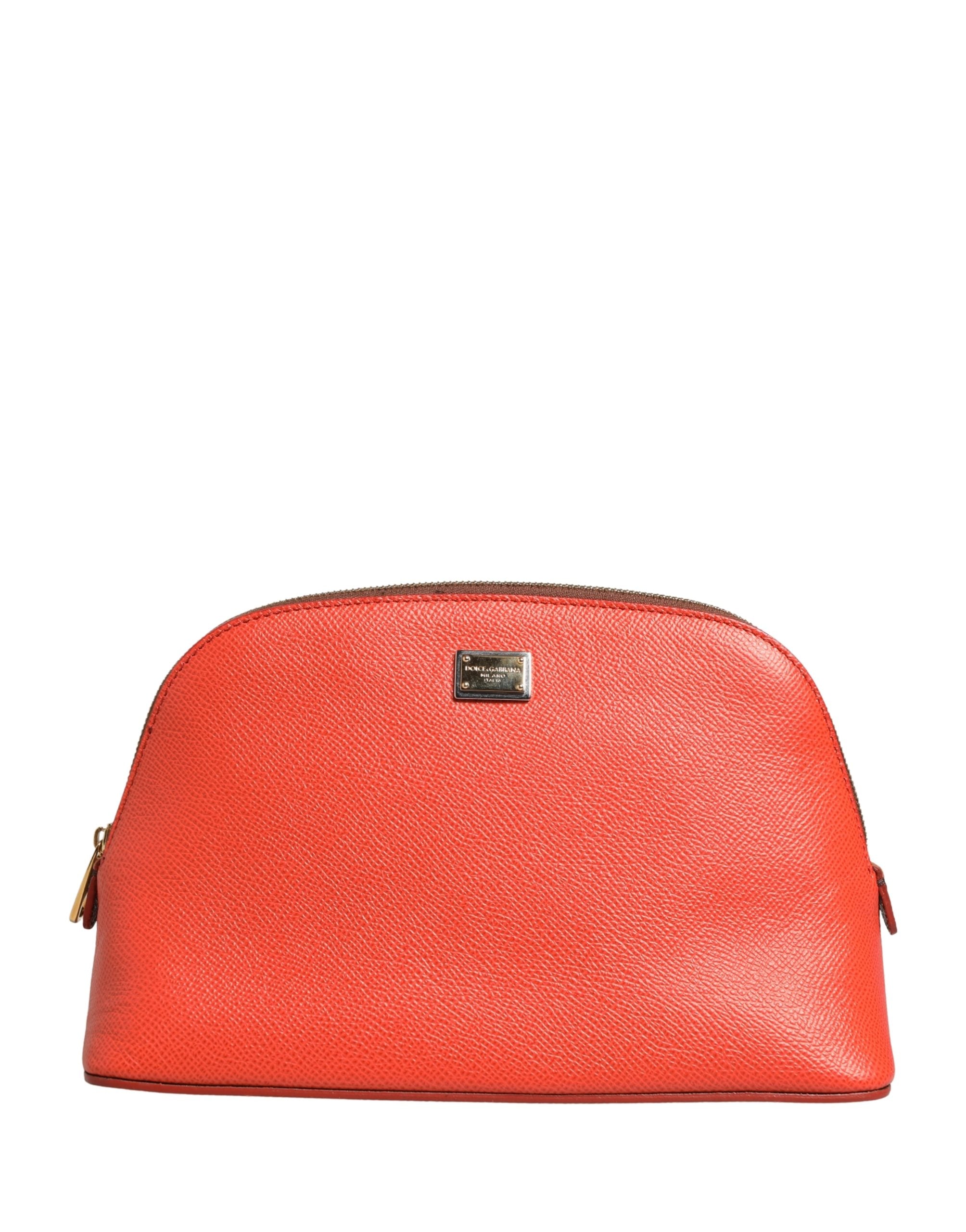 Dolce & Gabbana Orange Beige Leather DG Logo Zip Around Hand Purse Wallet