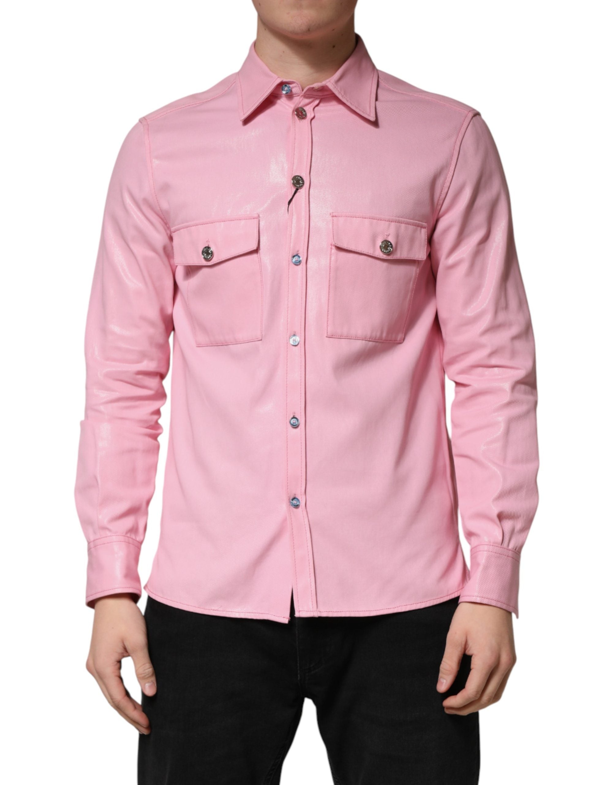 Dolce & Gabbana Pink Cotton Collared Men Button Down Shirt