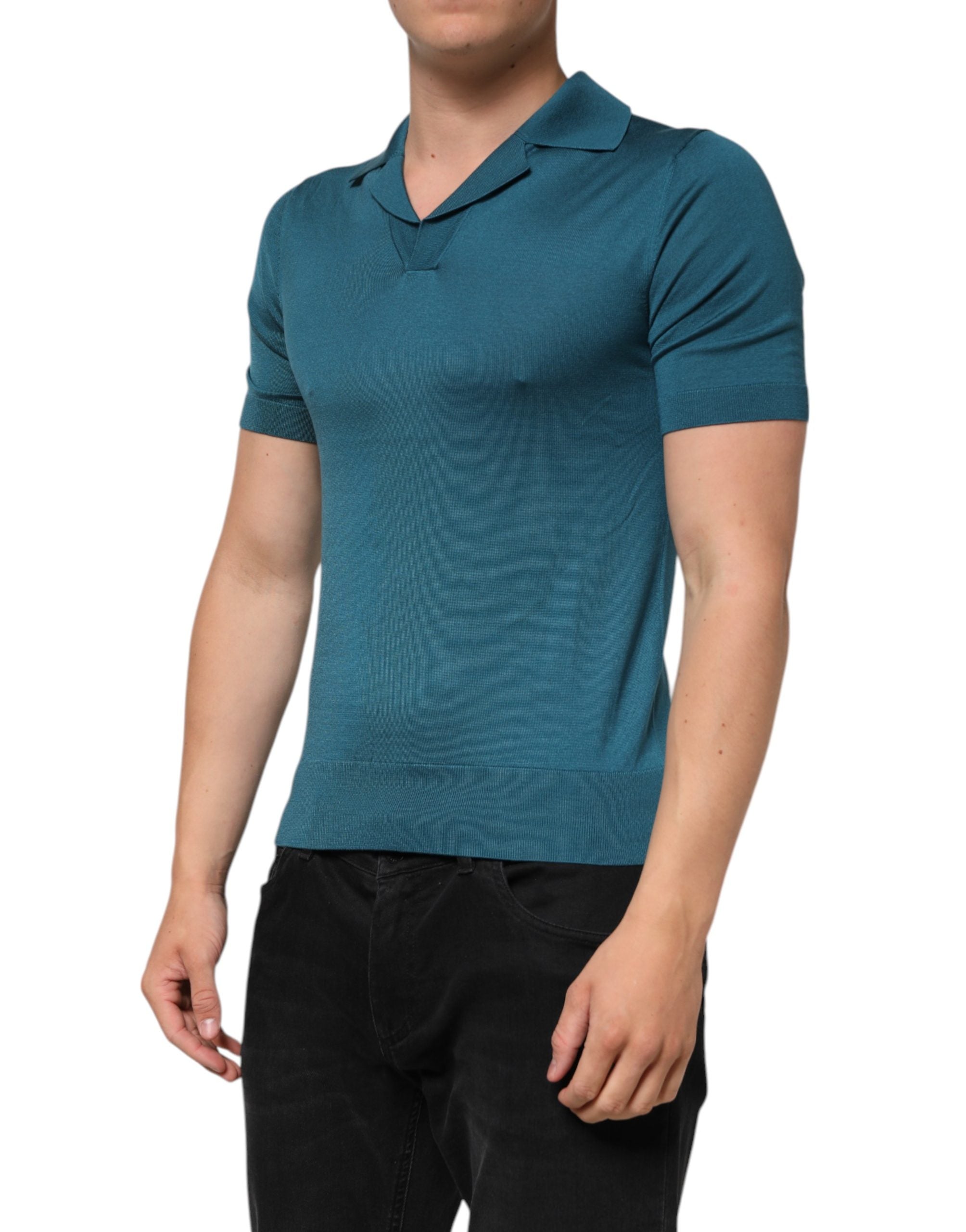 Dolce & Gabbana Teal Blue Silk Collared Short Sleeves Polo T-shirt
