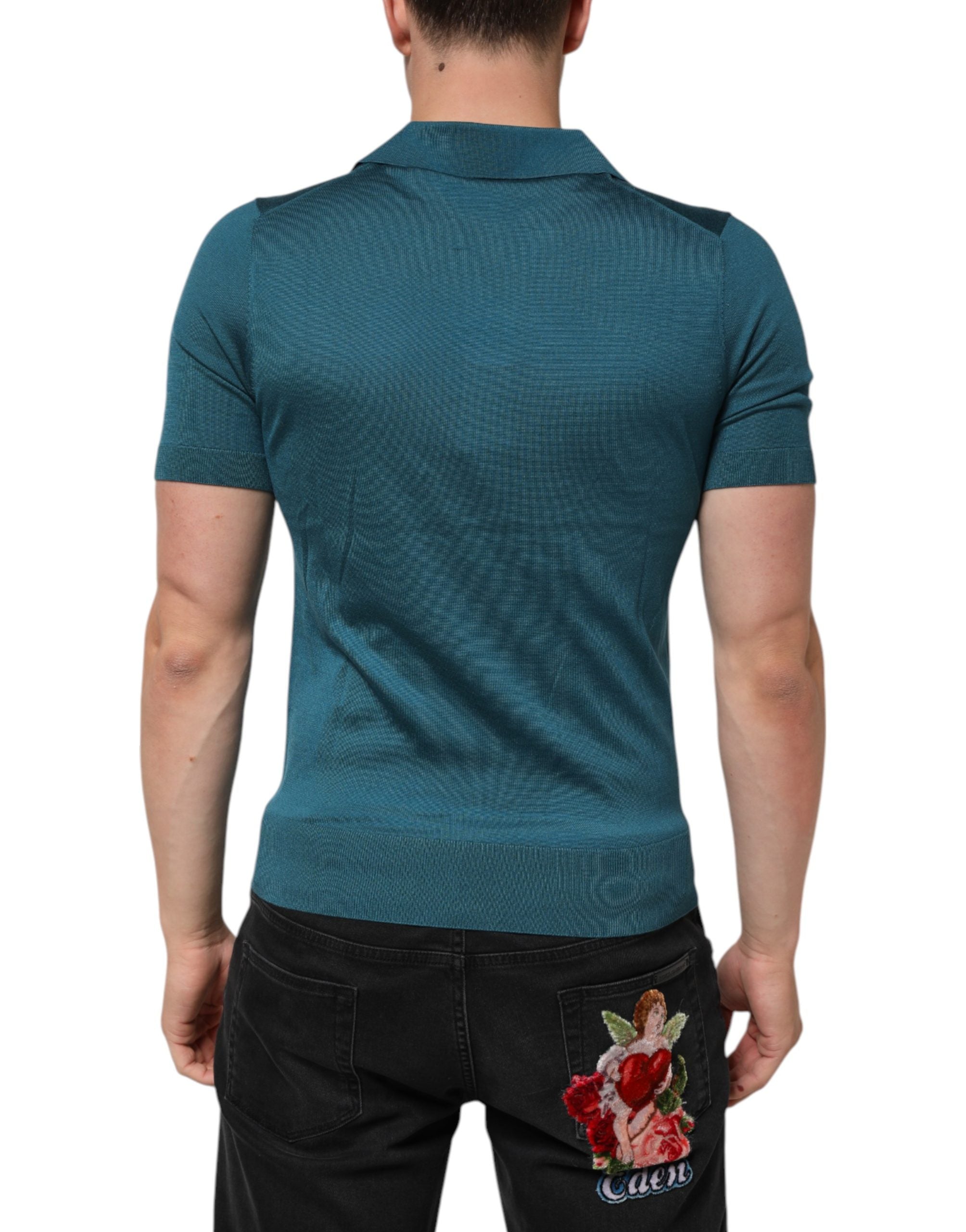 Dolce & Gabbana Teal Blue Silk Collared Short Sleeves Polo T-shirt
